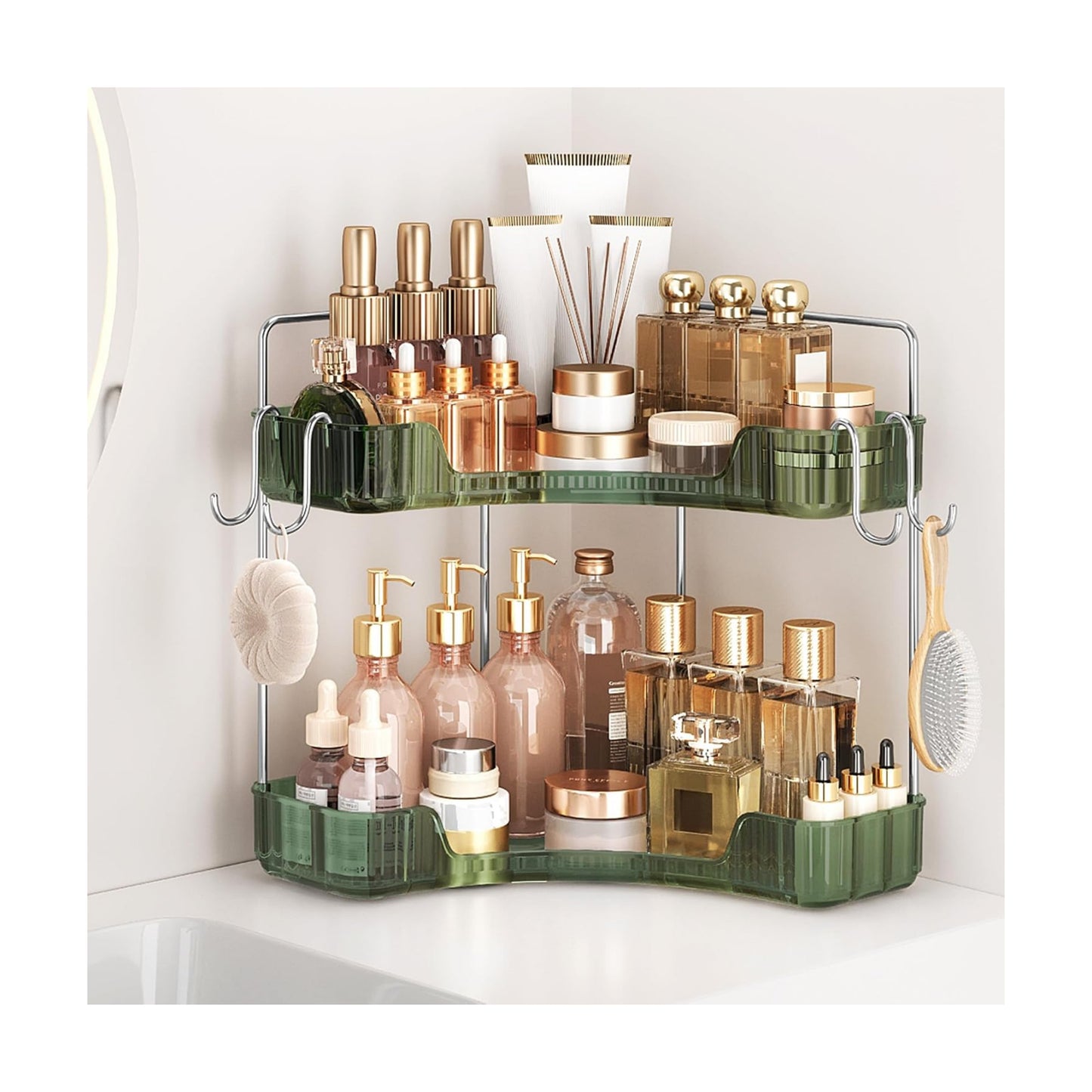 Corner Counter Organizer, 2-Tier Bathroom & Kitchen Storage Tray | PET Green Vanity Organizer Storage Countertop with