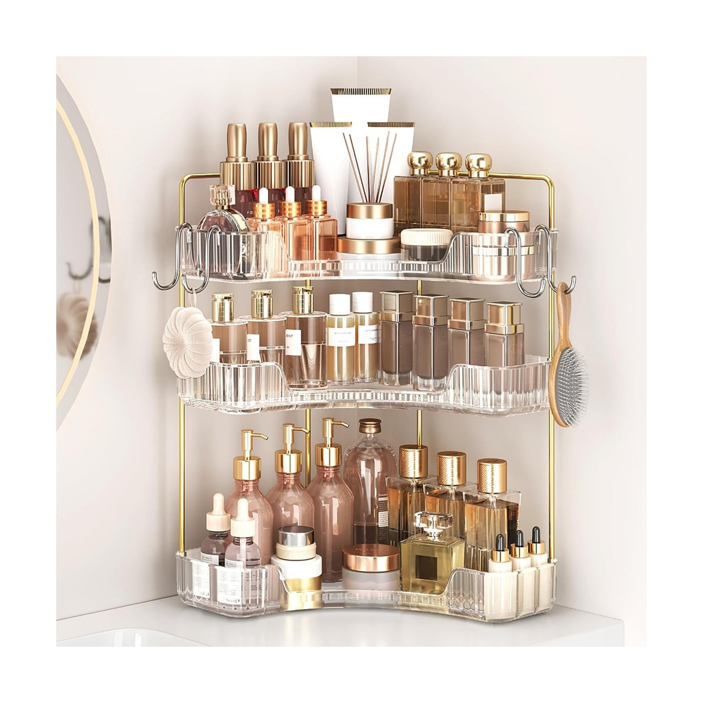 Corner Bathroom Counter Organizer 3-Tier Bathroom Organizer | Storage Countertop with Hooks Perfume Organizers Storage