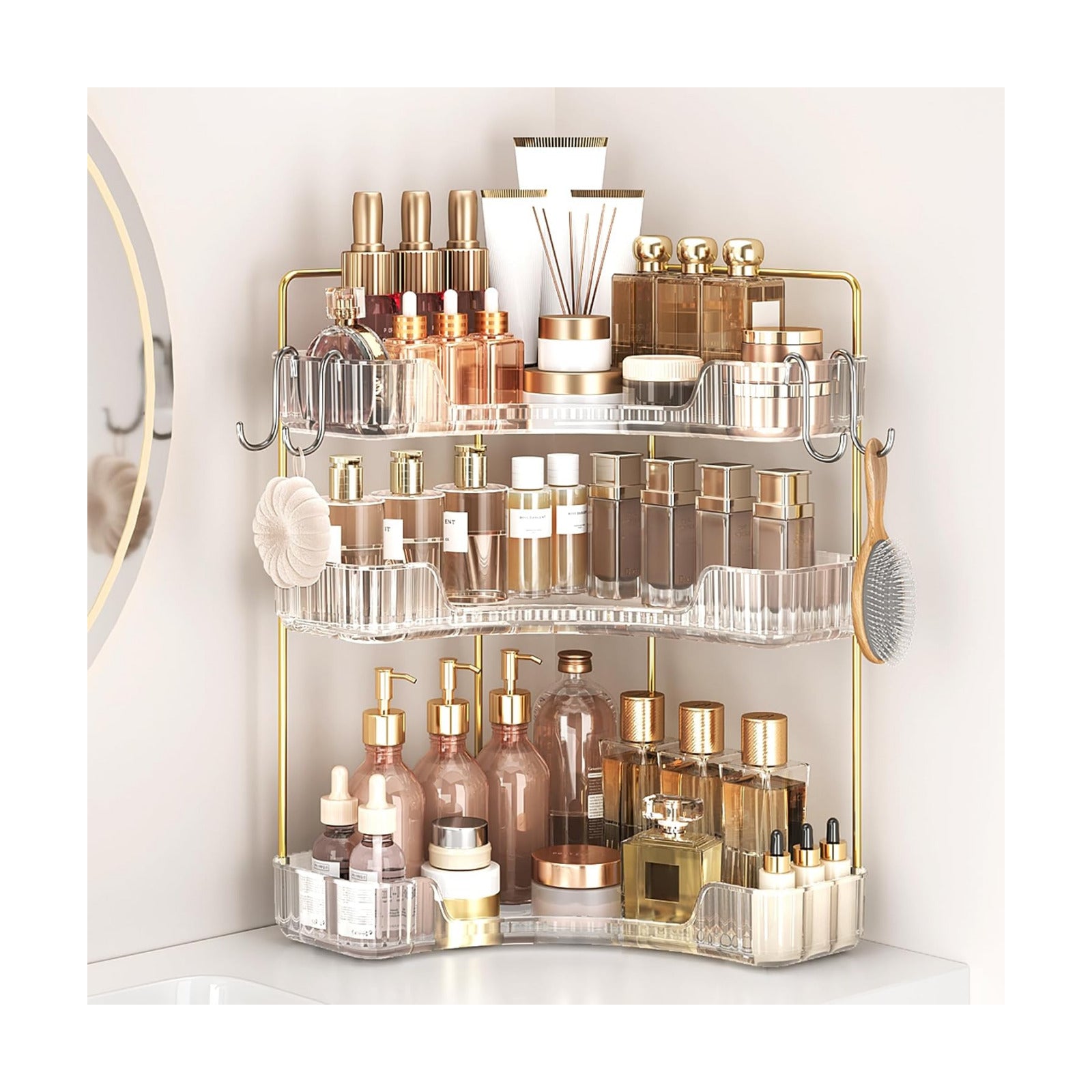 Corner Bathroom Counter Organizer 3-Tier Bathroom Organizer | Storage Countertop with Hooks Perfume Organizers Storage