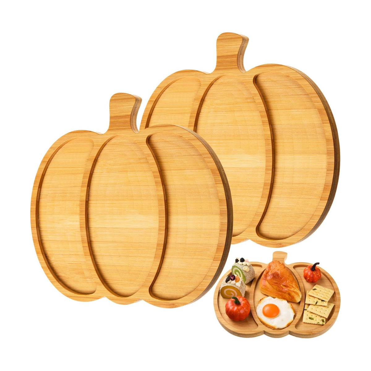 AWIZOM 2 Pcs Thanksgiving Bamboo Serving Platters with Grooves Wooden Pumpkin Trays Wood Cheese Charcuterie Boards Wooden Snack Dish Plate for Halloween Fall Autumn Harvest Supplies,12.6x11.42x0.59