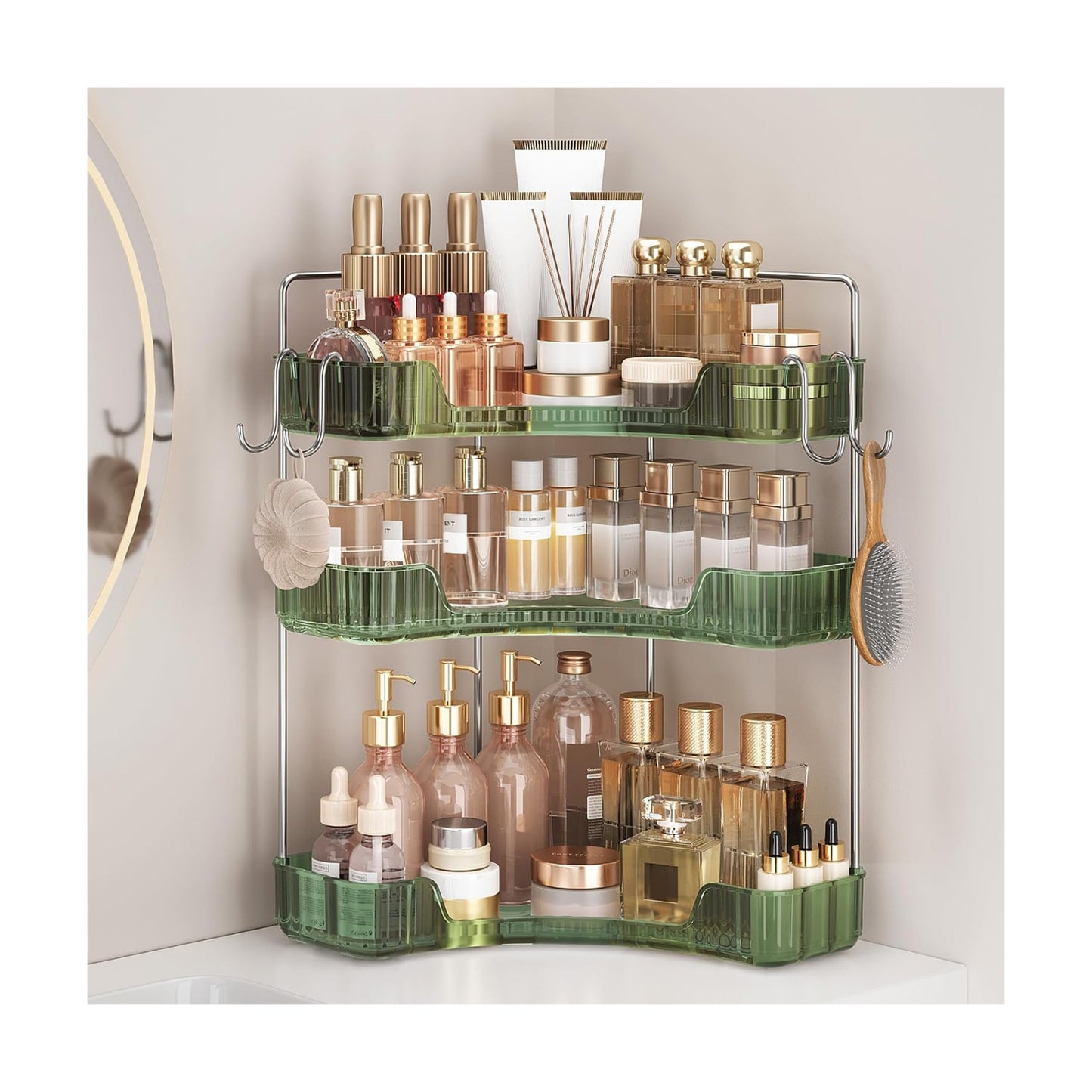3-Tier Green Corner Organizer, PET Counter Storage with Hooks | Multi-Surface Organizer for Bathroom Vanity & Kitchen