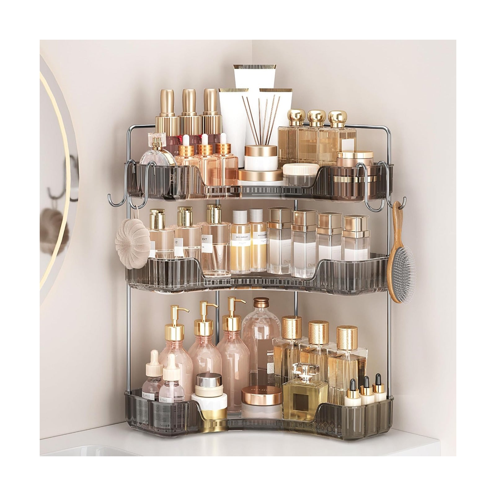 Bathroom Counter Organizer 3-Tier Corner Organizer with Hooks | Gray PET Counter Storage, Multi-Purpose for Bathroom