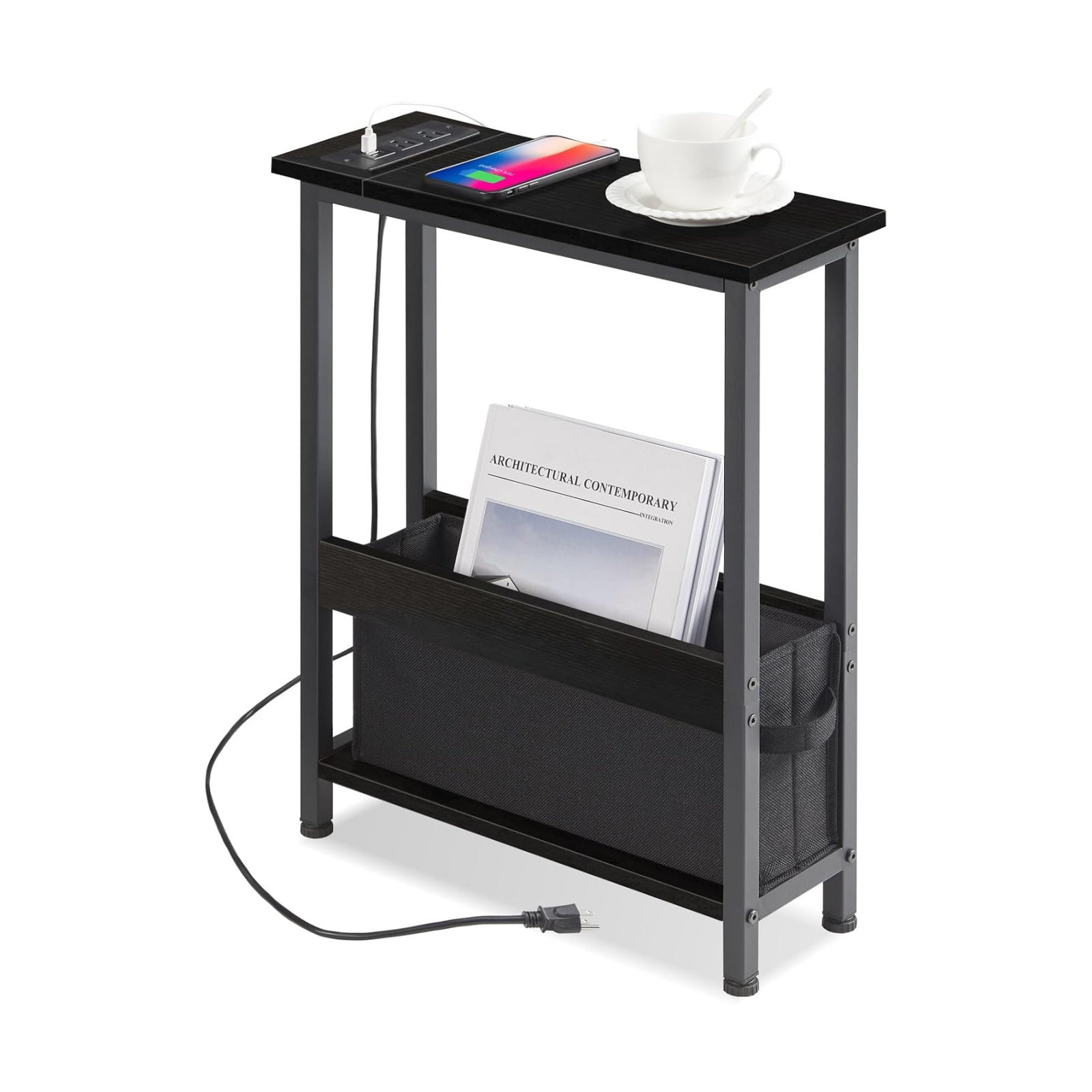 BAMGROW Slim Charging End Table with Storage - for Small Spaces and Bedroom (Black)