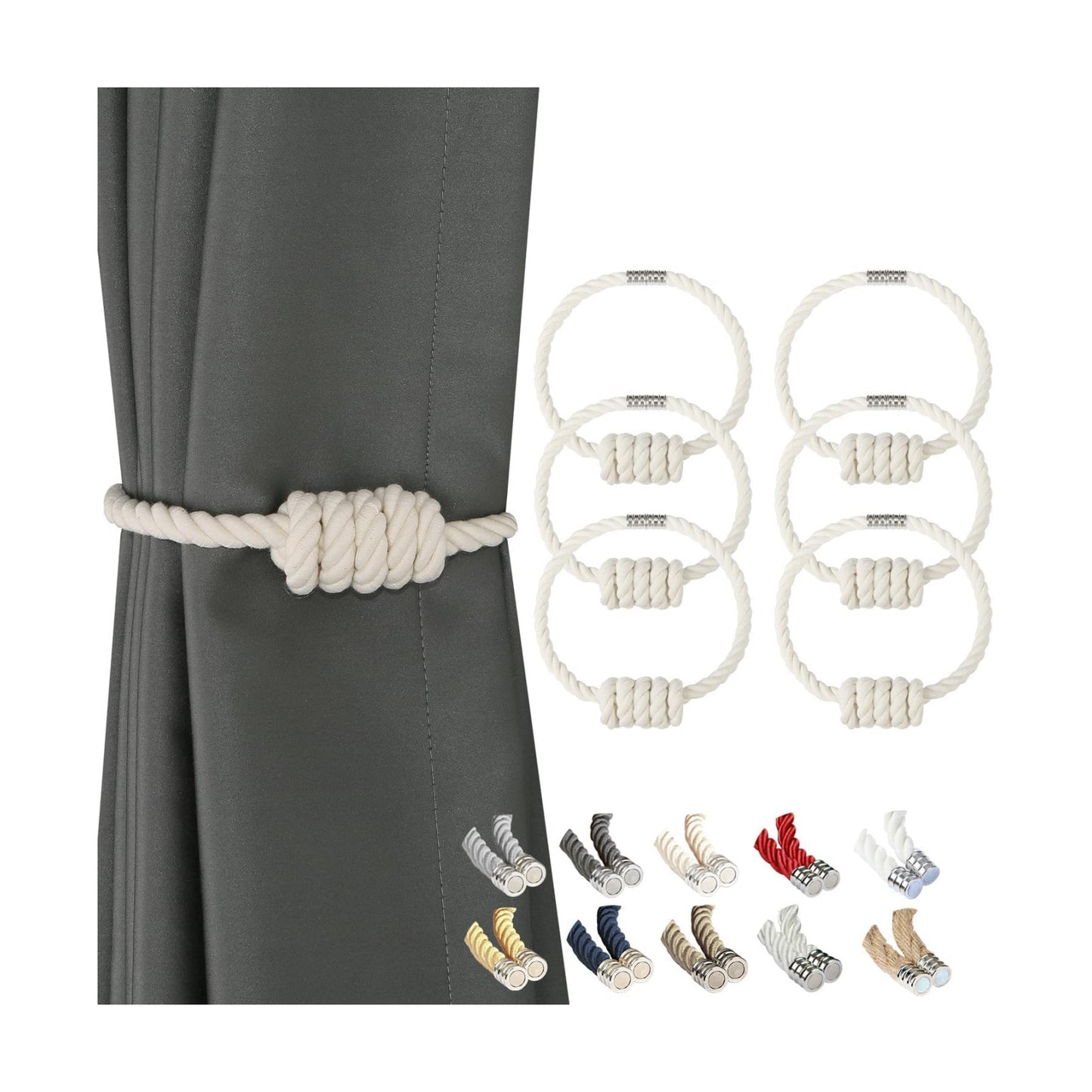 BEL AVENIR Magnetic Cotton Curtain Tiebacks 6 Pack Hand-Woven Curtain Ties | White Cotton Decorative Curtain Holdbacks