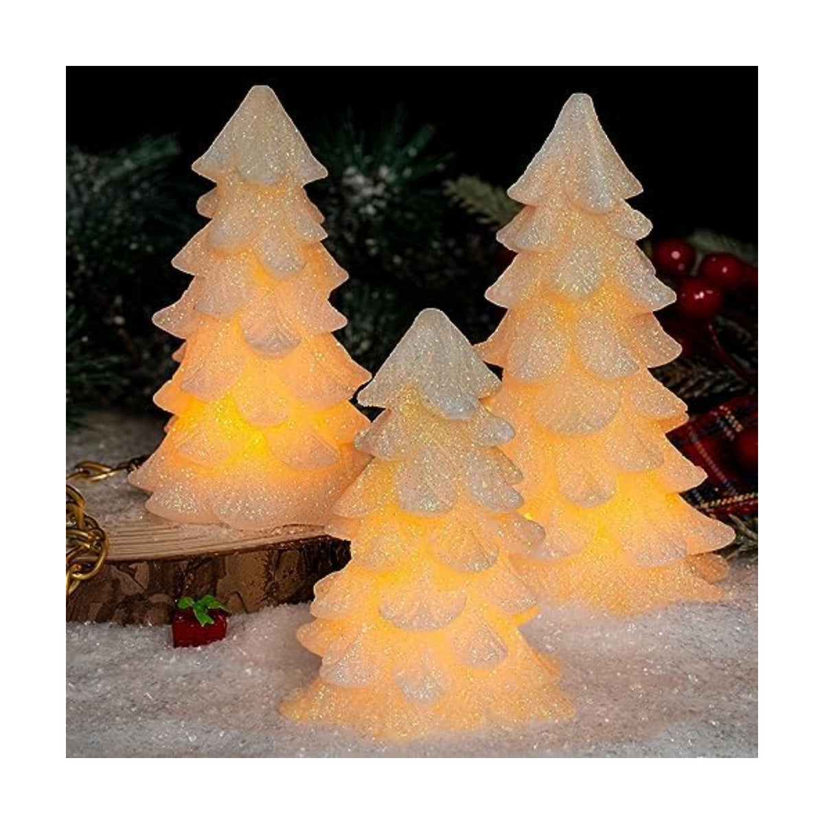 White Glittering Christmas Tree Shaped Flameless Candles with Timer, Real Wax Flickering Battery Operated LED Candles for Christmas Home Party Decoration Set of 3