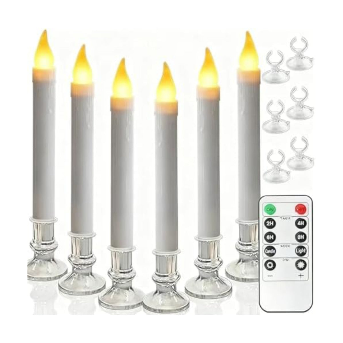 Christmas Window Candles, 9.3in Flameless Taper, Silvery, 6pcs