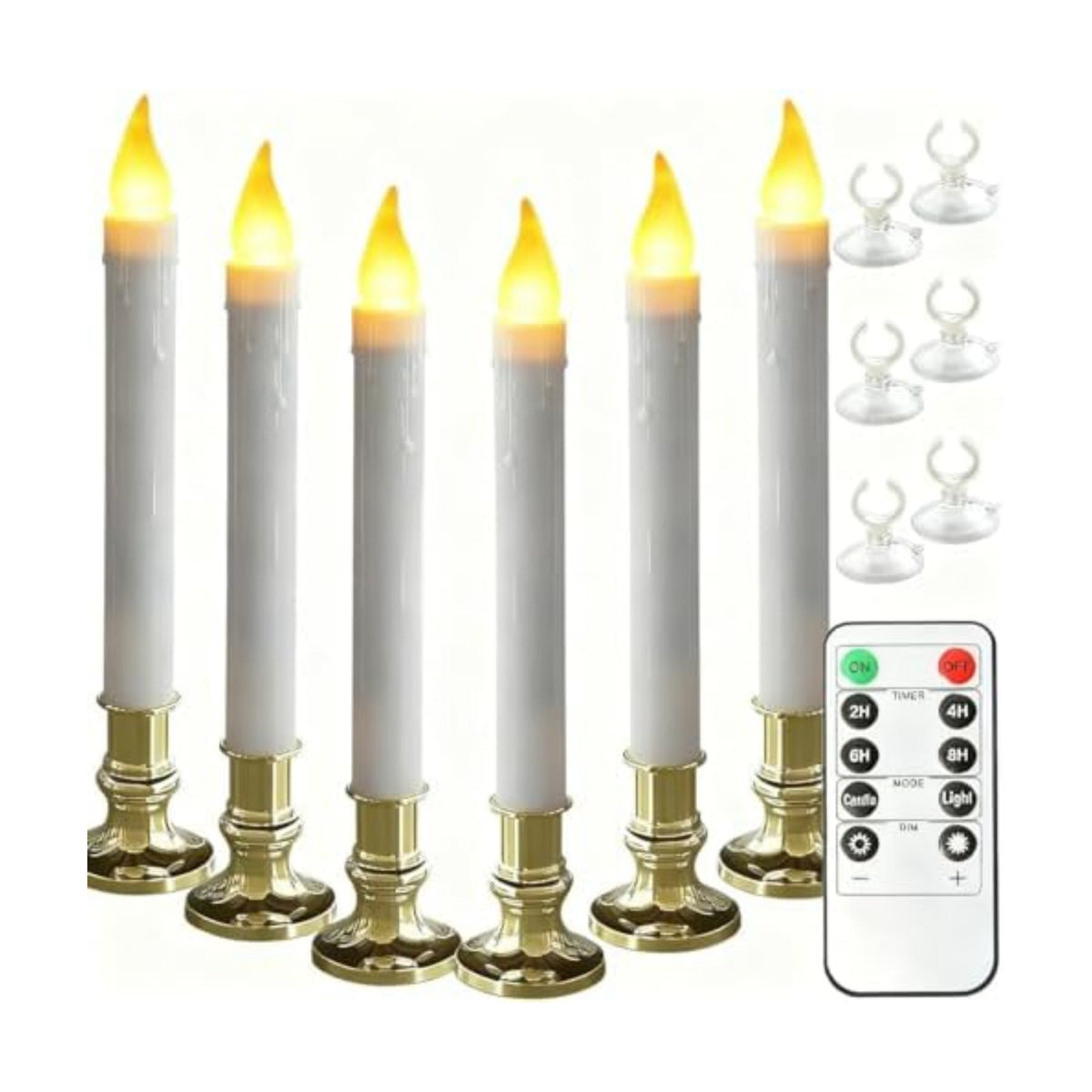 Flameless Taper Candles with Suction Cups, 9.3in, Gold, 6pcs