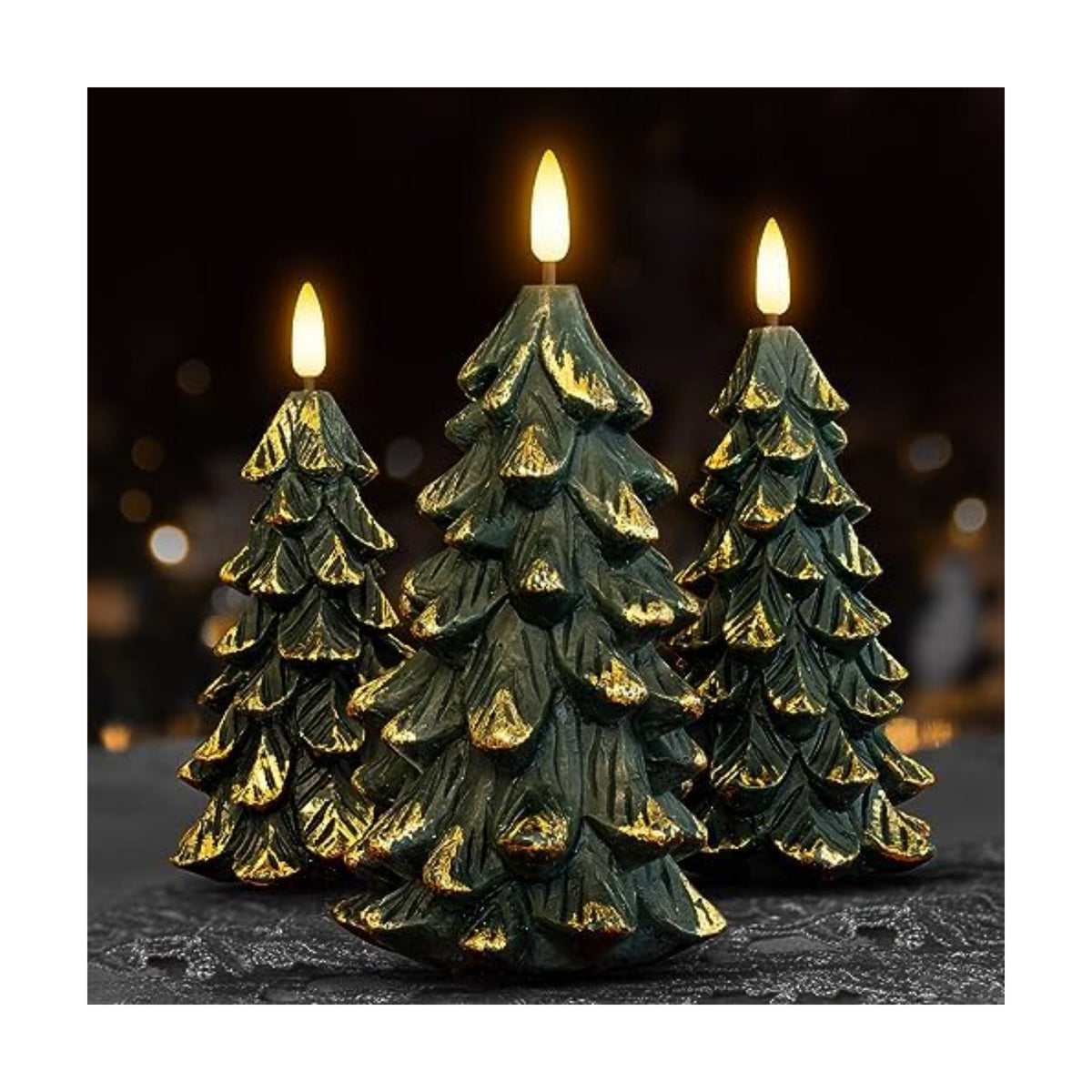 Green Christmas Tree Shaped Flameless Candles with Timer, Real Wax 3D Wick Flickering Battery Operated LED Candles for Christmas Home Party Decoration Set of 3