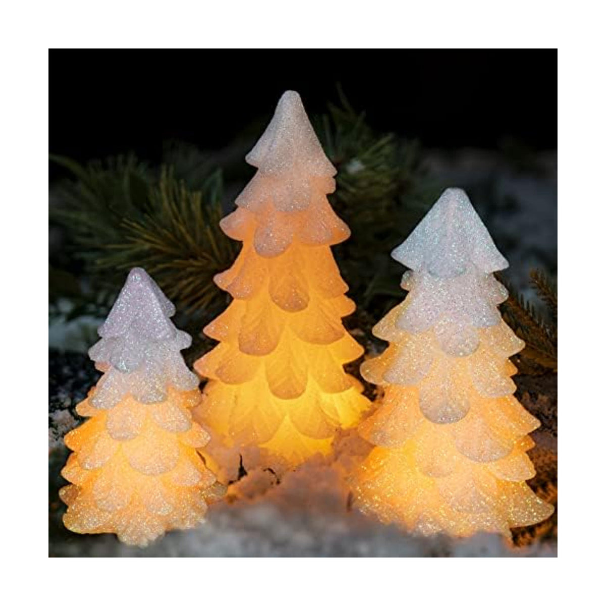 Glittering White Christmas Tree Shaped Flickering Flameless LED Candles with Timer, Real Wax Battery Operated for Home Party Decoration and Gift (Set of 3)