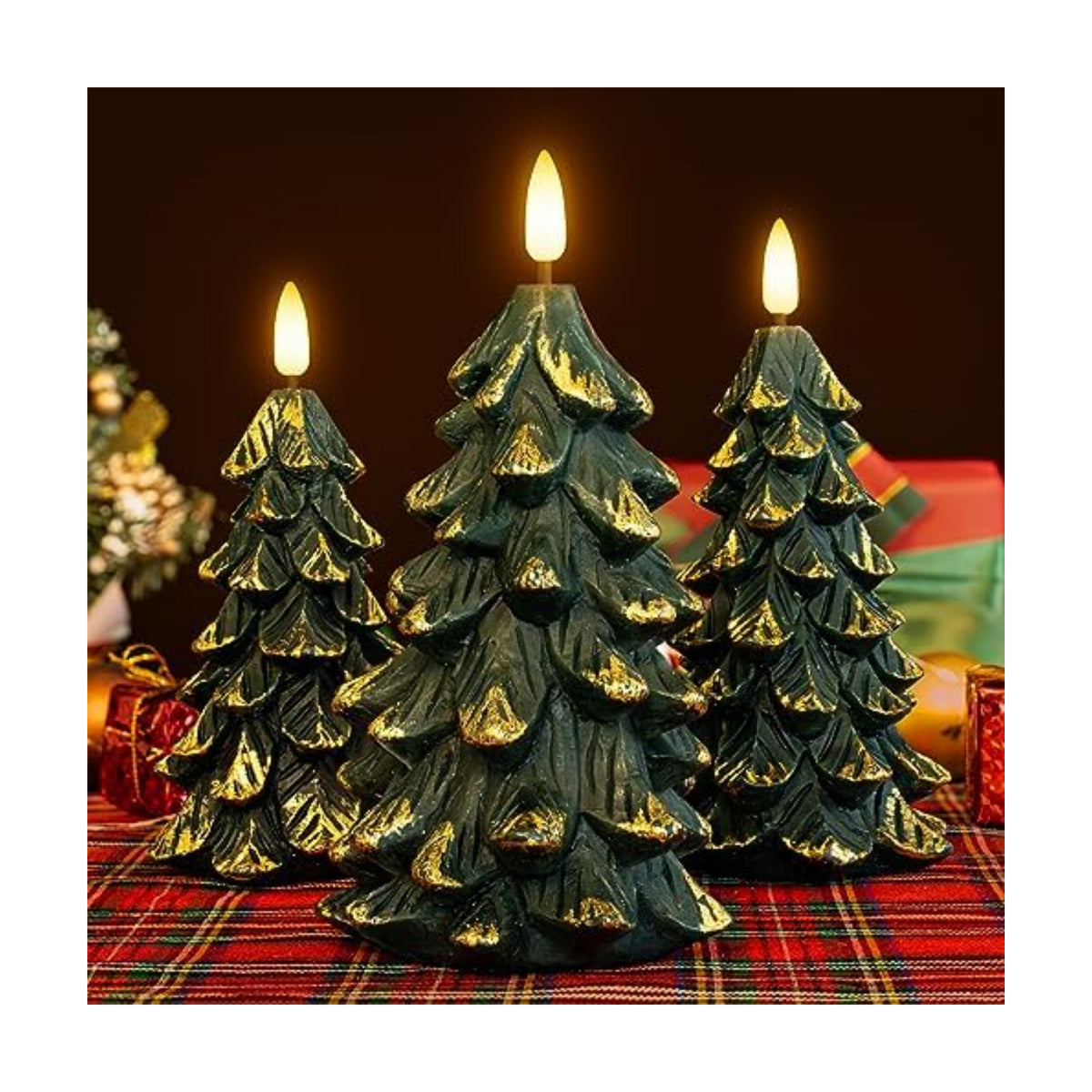 Green Christmas Tree Shaped Flickering Flameless LED Candles with Timer, Real Wax Battery Operated, Set of 3