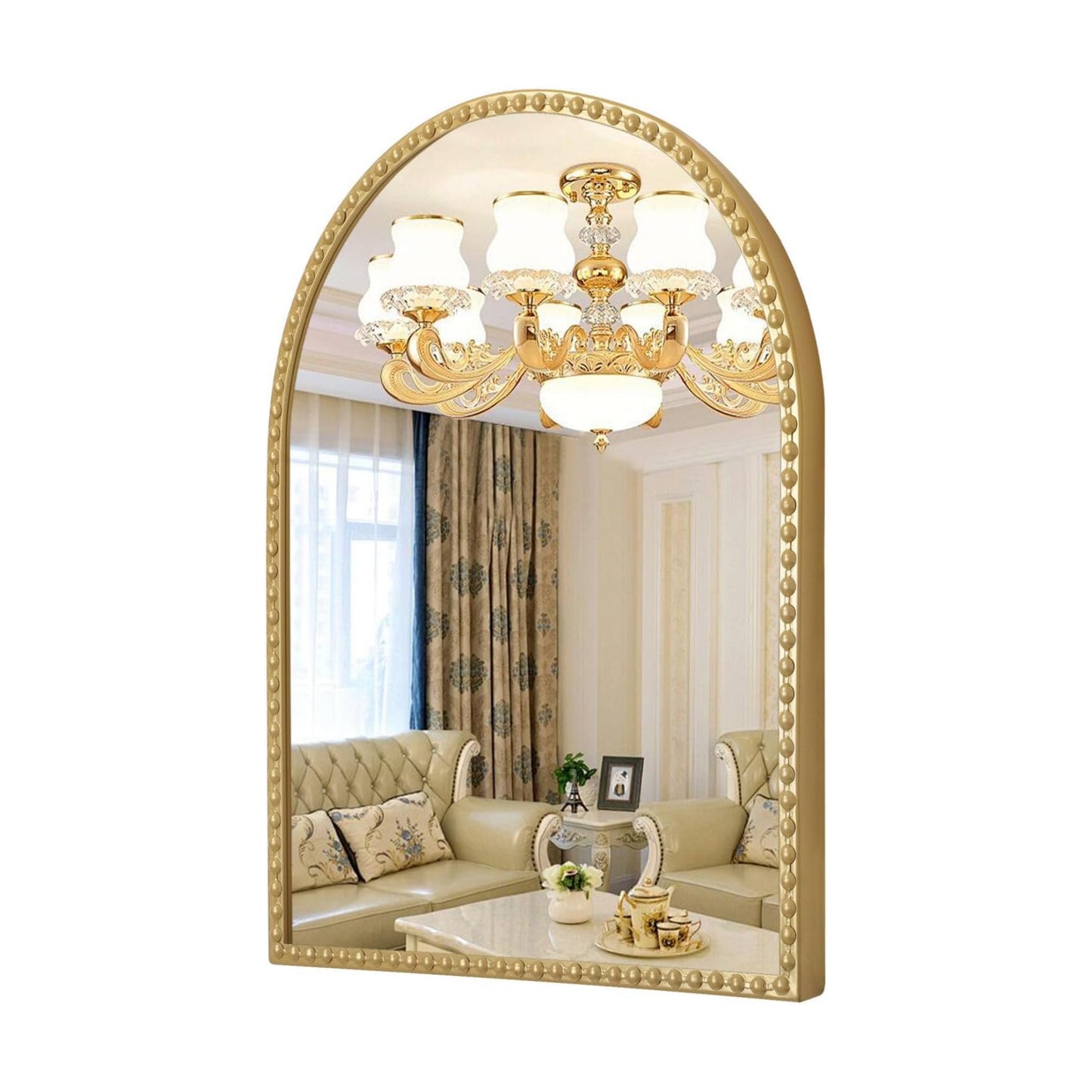 Beaded Framed Metal Accent Wall Mirror Decorative Bathroom Living Room Bedroom / 30"L x 20"W / Gold