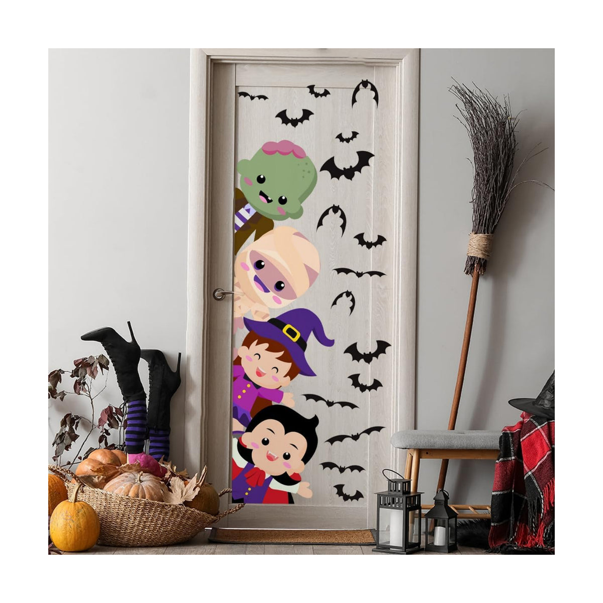 44.88 X 15.75 Inch Halloween Door Sticker Cute Witch Vampire Mummy Green Monster Stickers Halloween Party Bar Decal for Door Window Wall Decoration