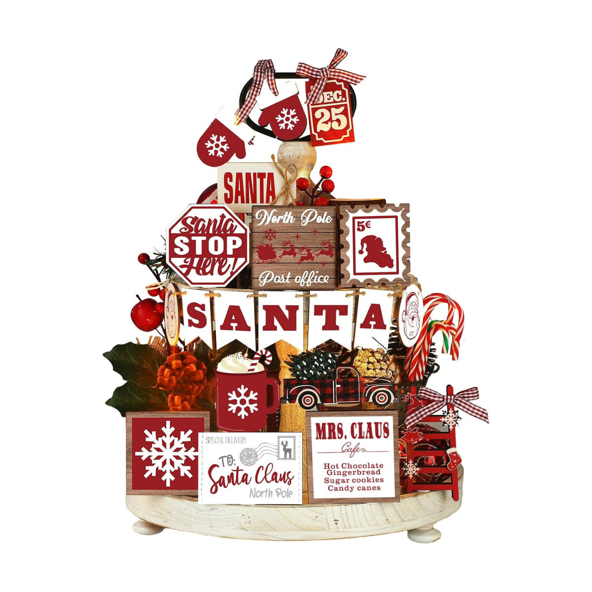 Funnymoom 17 Pcs Christmas Tiered Tray Decor Set Rustic Santa Tray Decor