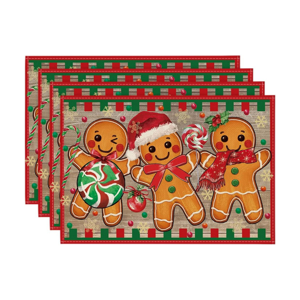 Artoid Mode Wood Gingerbread Candy Cane Christmas Placemats for Dining Table, 12 x 18 Inch Seasonal Winter Washable Table Mats Set of 4