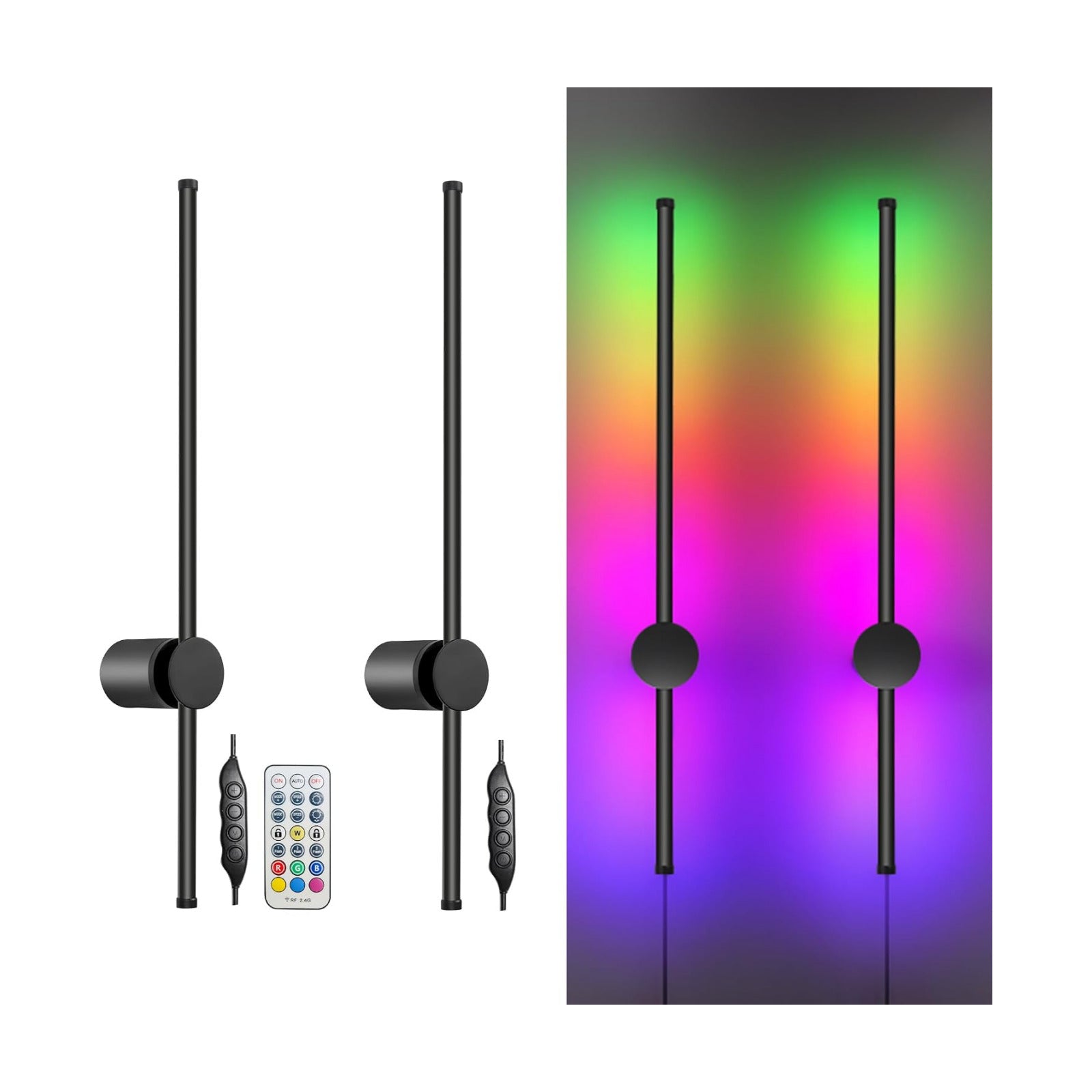 RGB LED Wall Sconces Set of Two with Remote, 15 Color Modes, Dimming, DIY 180° Rotate, Black Plug in Wall Sconces with