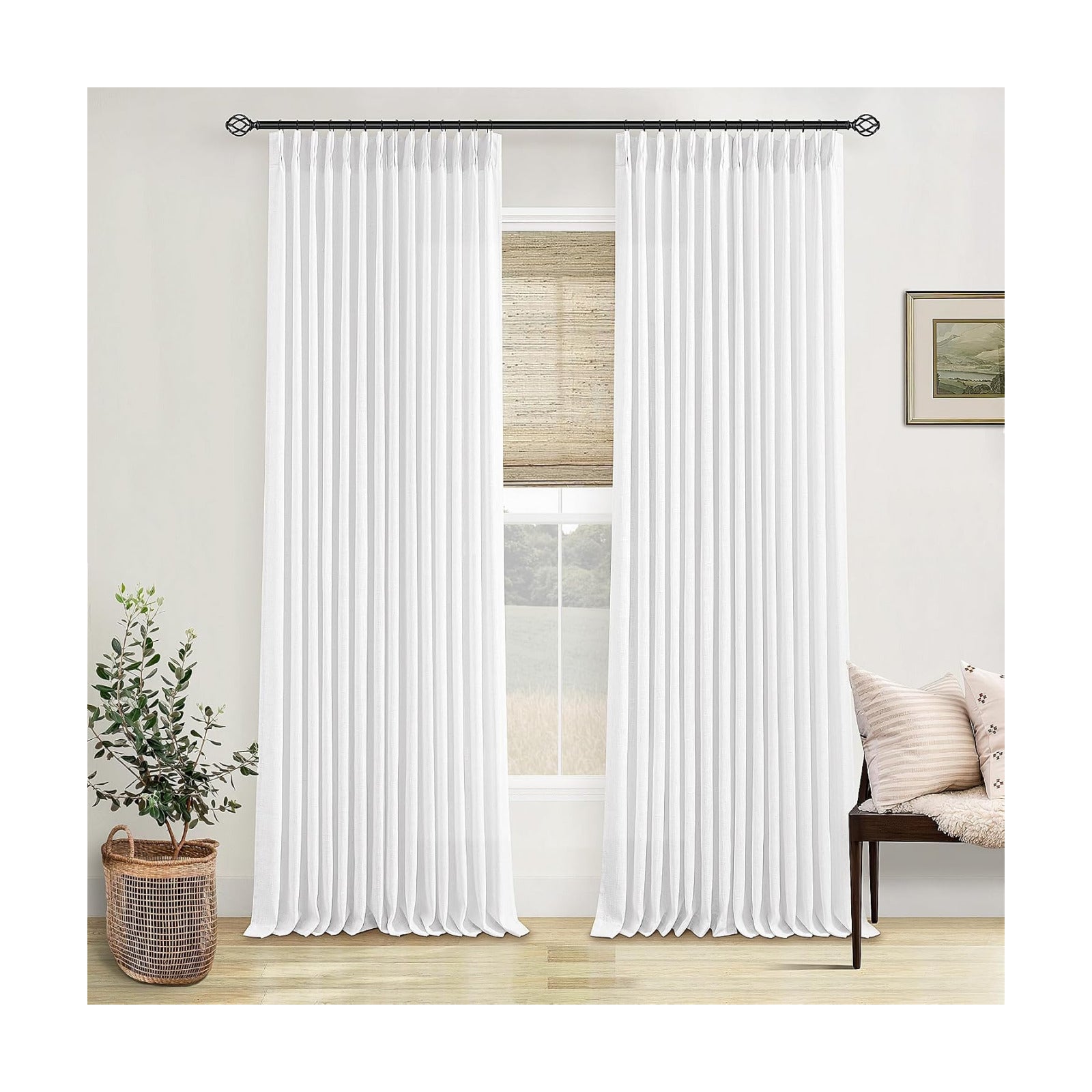TWODRAPES Thick Linen White Curtains 90 Inches Long for Living Room Bedroom