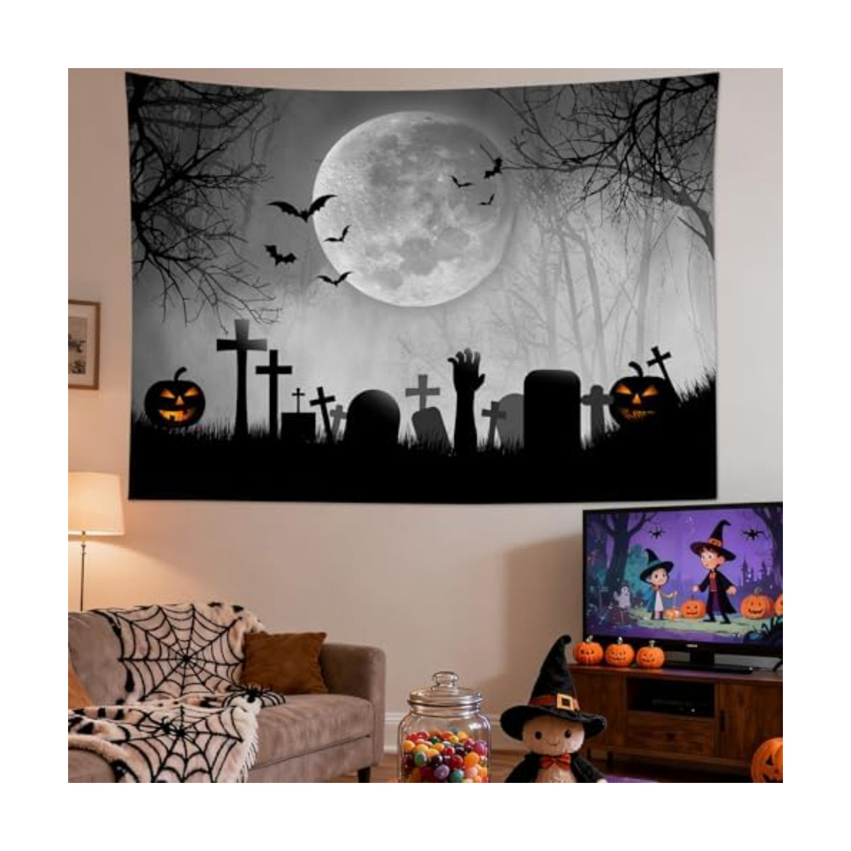 LB Halloween Tapestry Horror Black Bat Pumpkin and Cemetery in Misty Forest Wall Tapestry for Bedroom Spooky Full Moon Wall Art for Living Room Decor, 60 x 40 Inches