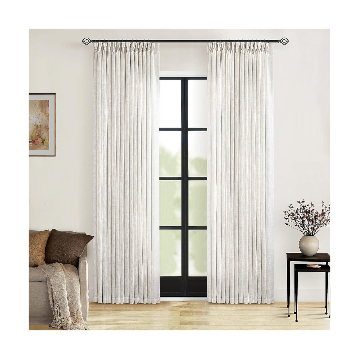 TWODRAPES 90 Inch Pinch Pleated Linen Textured Curtains 2 Panels, Natural