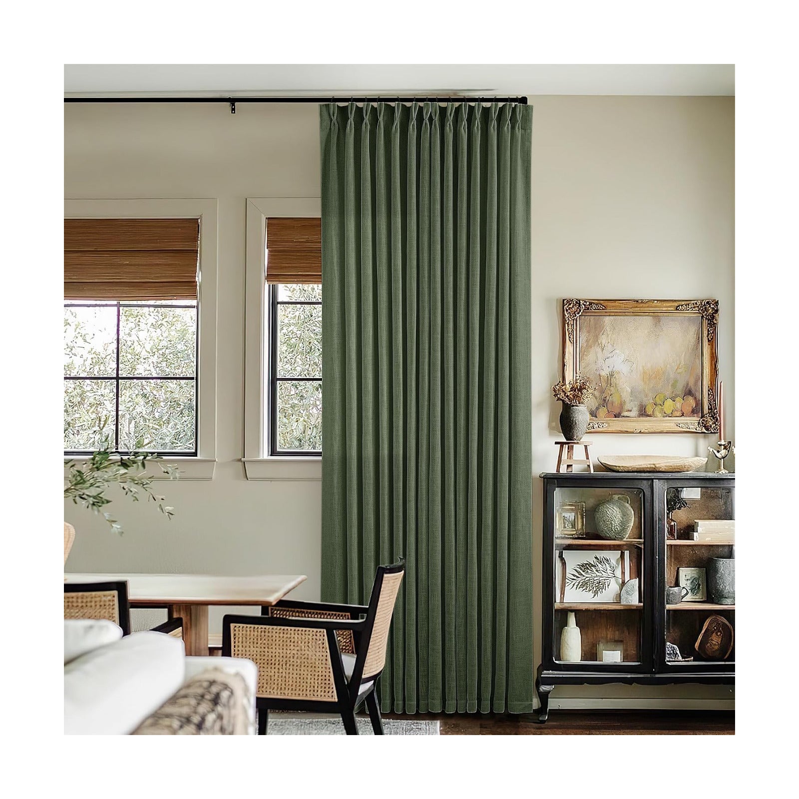 108 Inch Linen Memory Trained Pleated Curtains Olive Green for Living Room