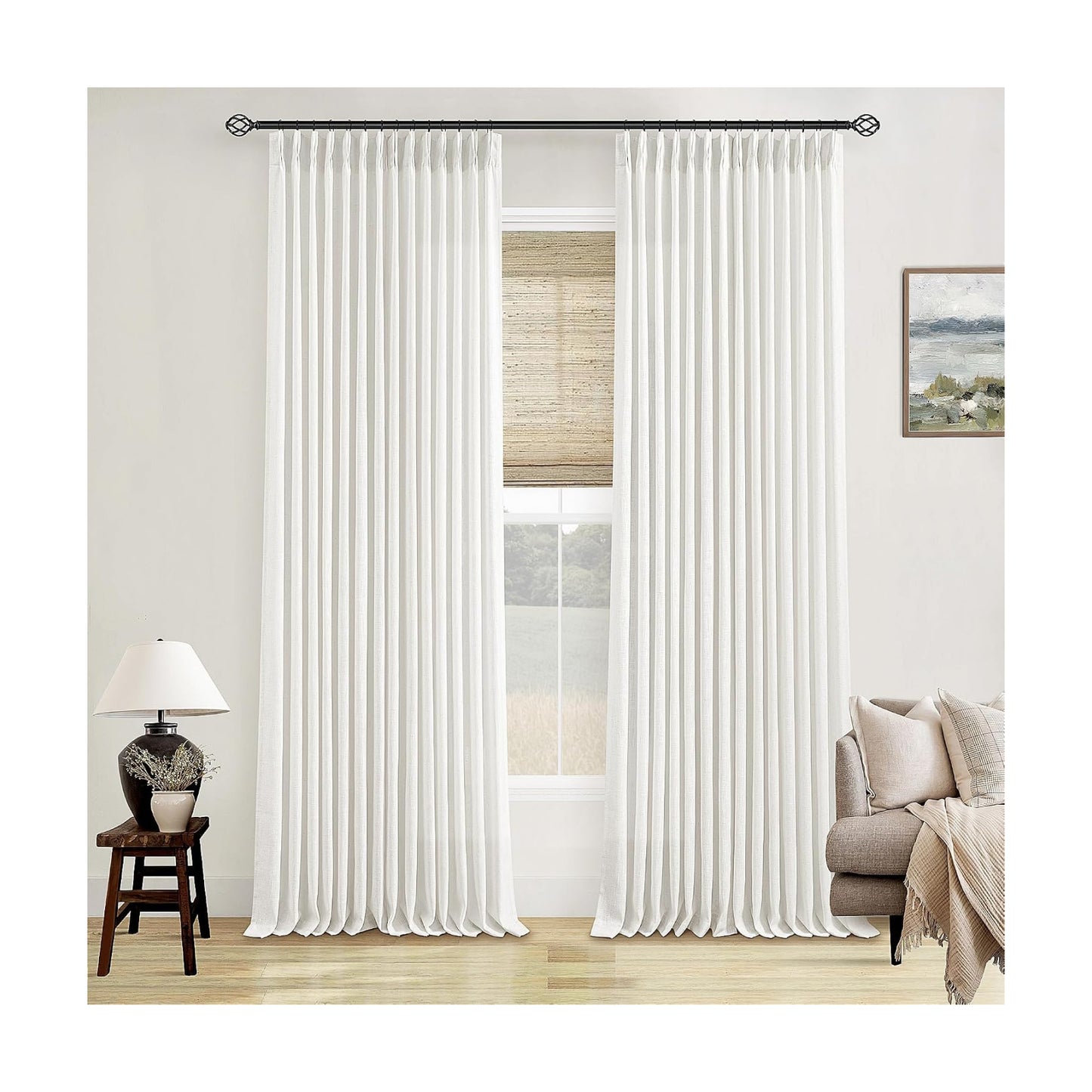 TWODRAPES Beige White 120 Inch Curtains High Ceiling Tall Curtains 2 Panels