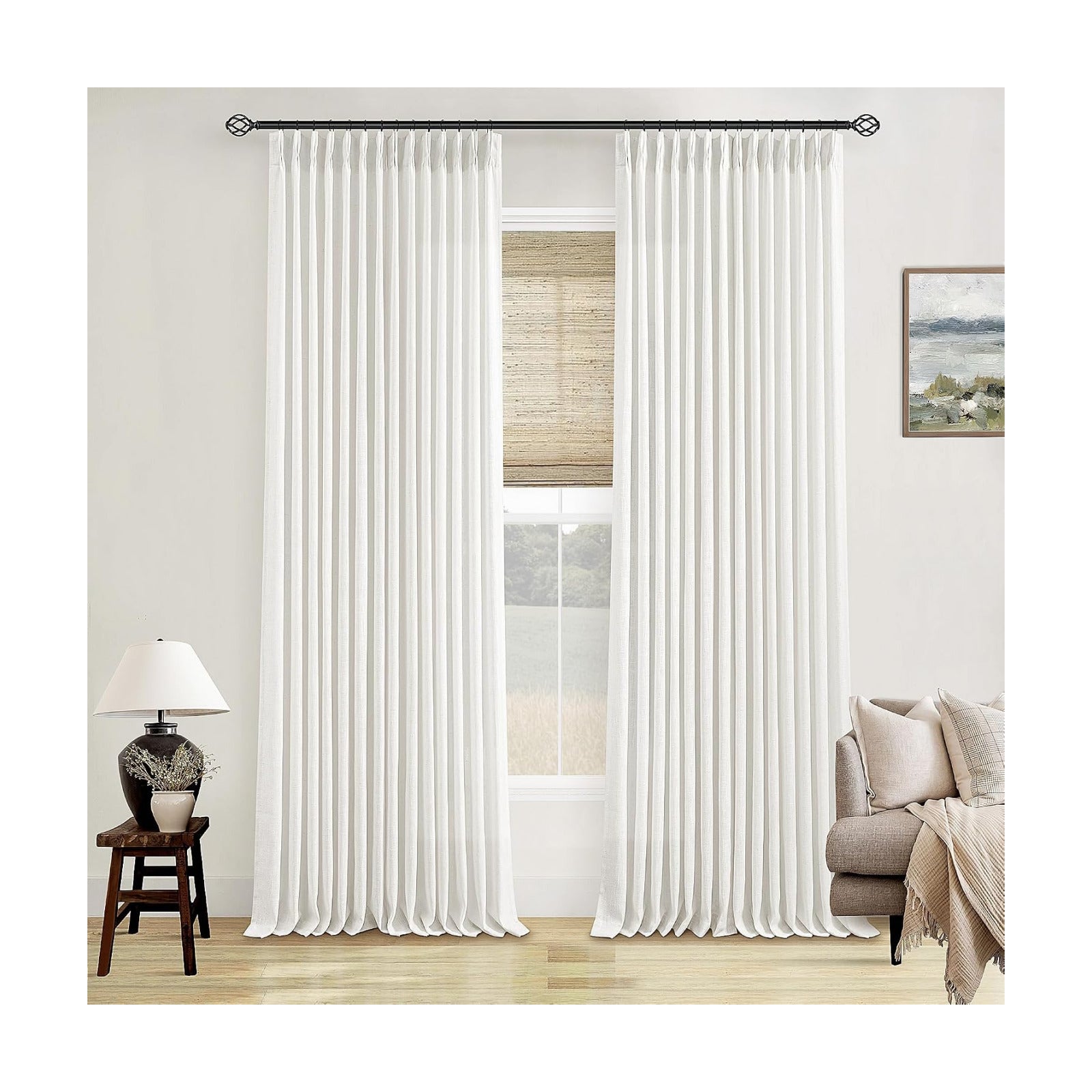 TWODRAPES Beige White 120 Inch Curtains High Ceiling Tall Curtains 2 Panels