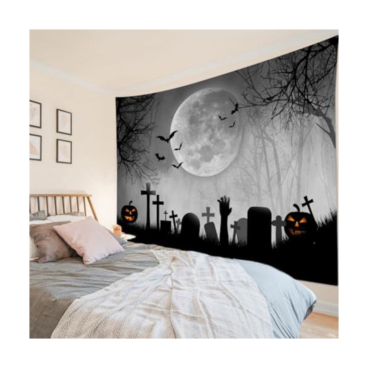 LB Halloween Full Moon Tapestry Horror Black Bat Pumpkin and Cemetery in Misty Forest Wall Tapestry for Bedroom Spooky Night Sky Wall Art for Living Room Decor, 92.5 x 70.9 Inches