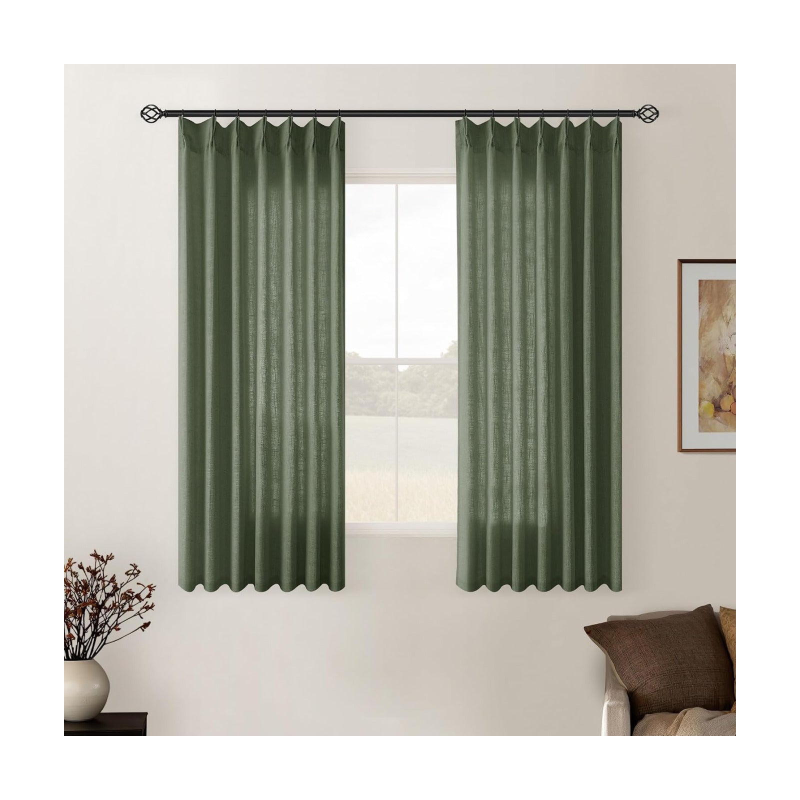 Olive Green Pinch Pleat Linen Semi Sheer Curtains 45 Inch Length 2 Panels