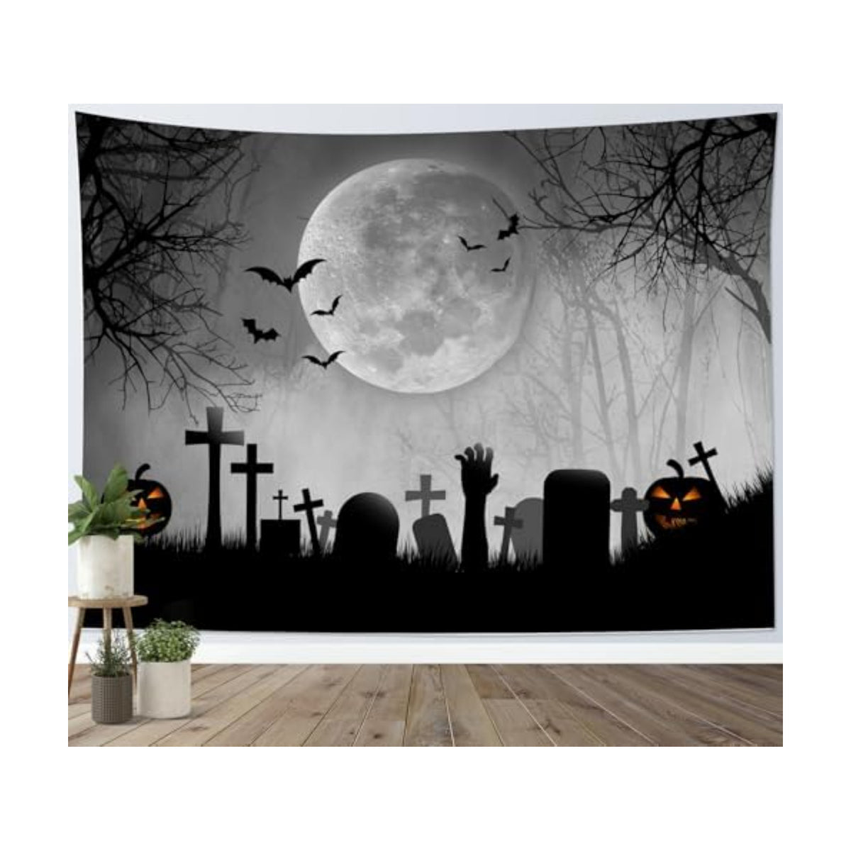 LB Halloween Full Moon Tapestry Horror Black Bat Pumpkin and Cemetery in Misty Forest Wall Tapestry for Bedroom Spooky Night Sky Wall Art for Living Room Decor, 80 x 60 Inches