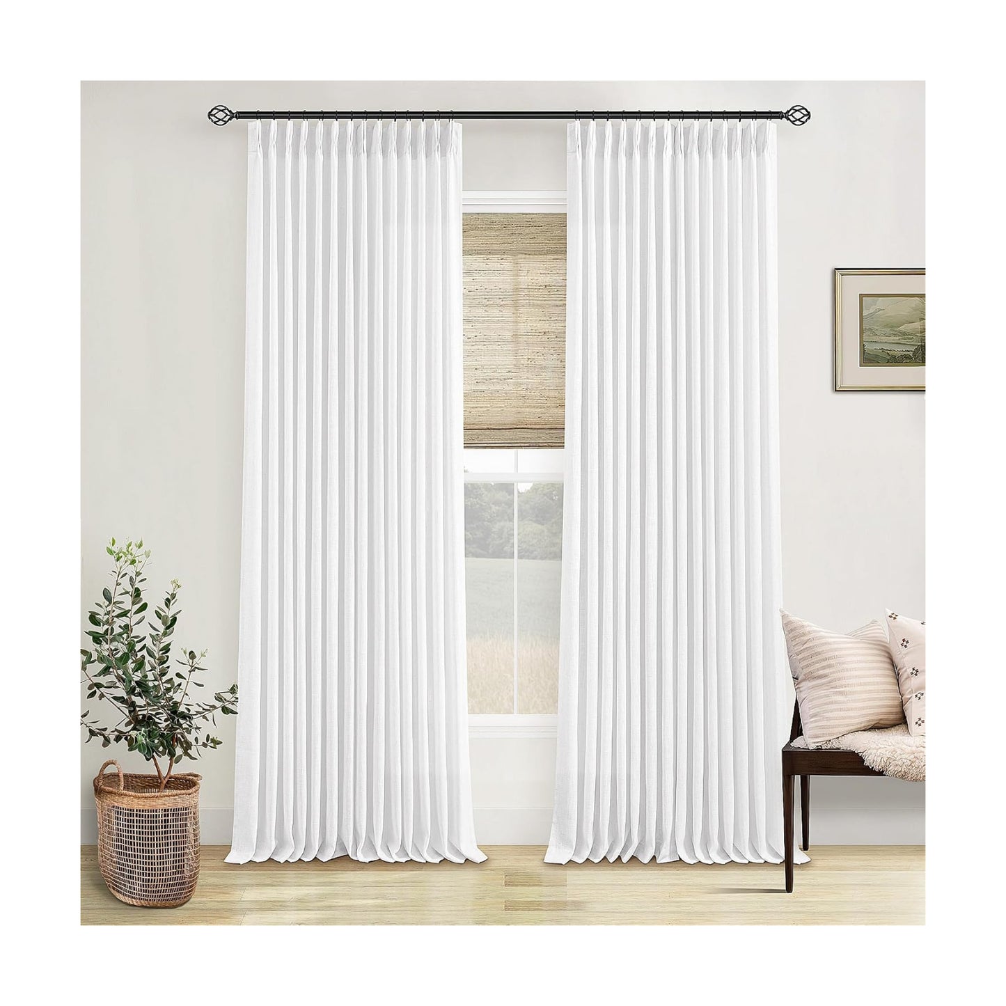 TWODRAPES Snow White Linen Pinch Pleated Curtains 102 Inches Long 2 Panels