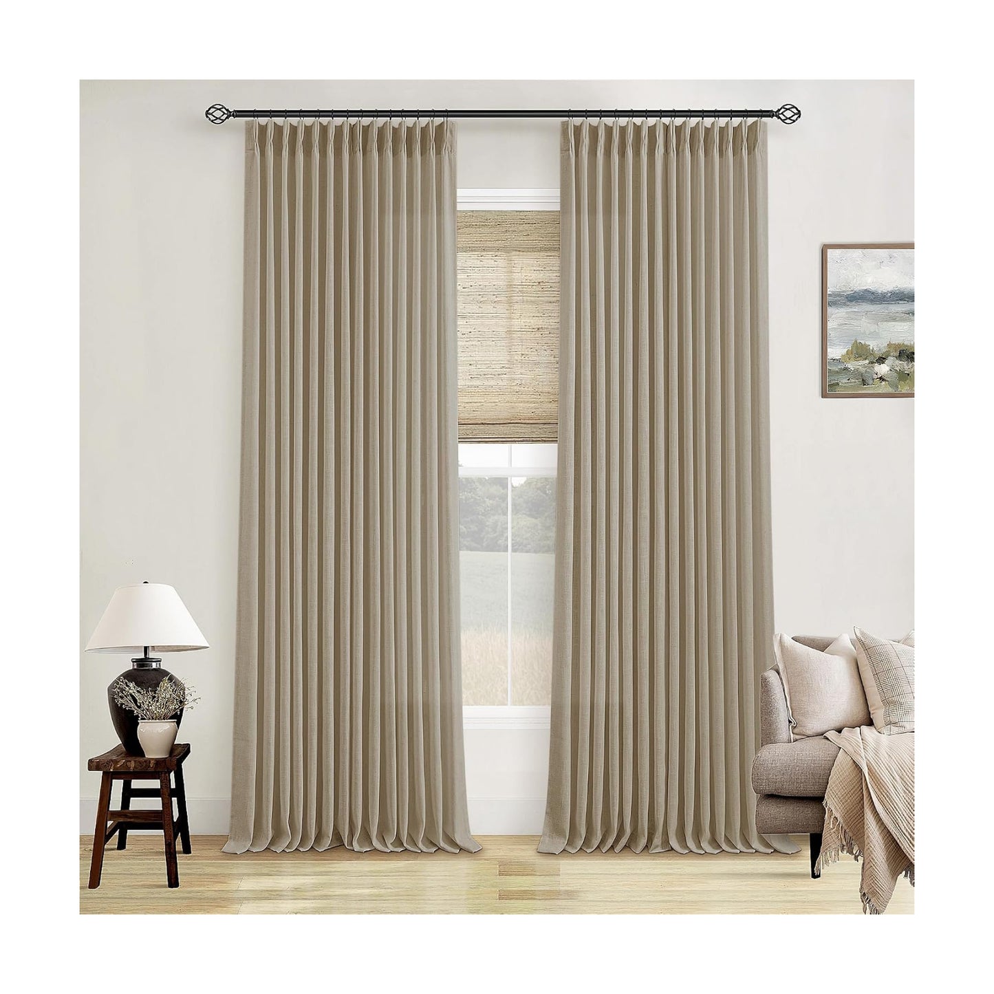 Neutral Pinch Pleated 96 Inch Greige Light Filtering Flax Linen Curtains