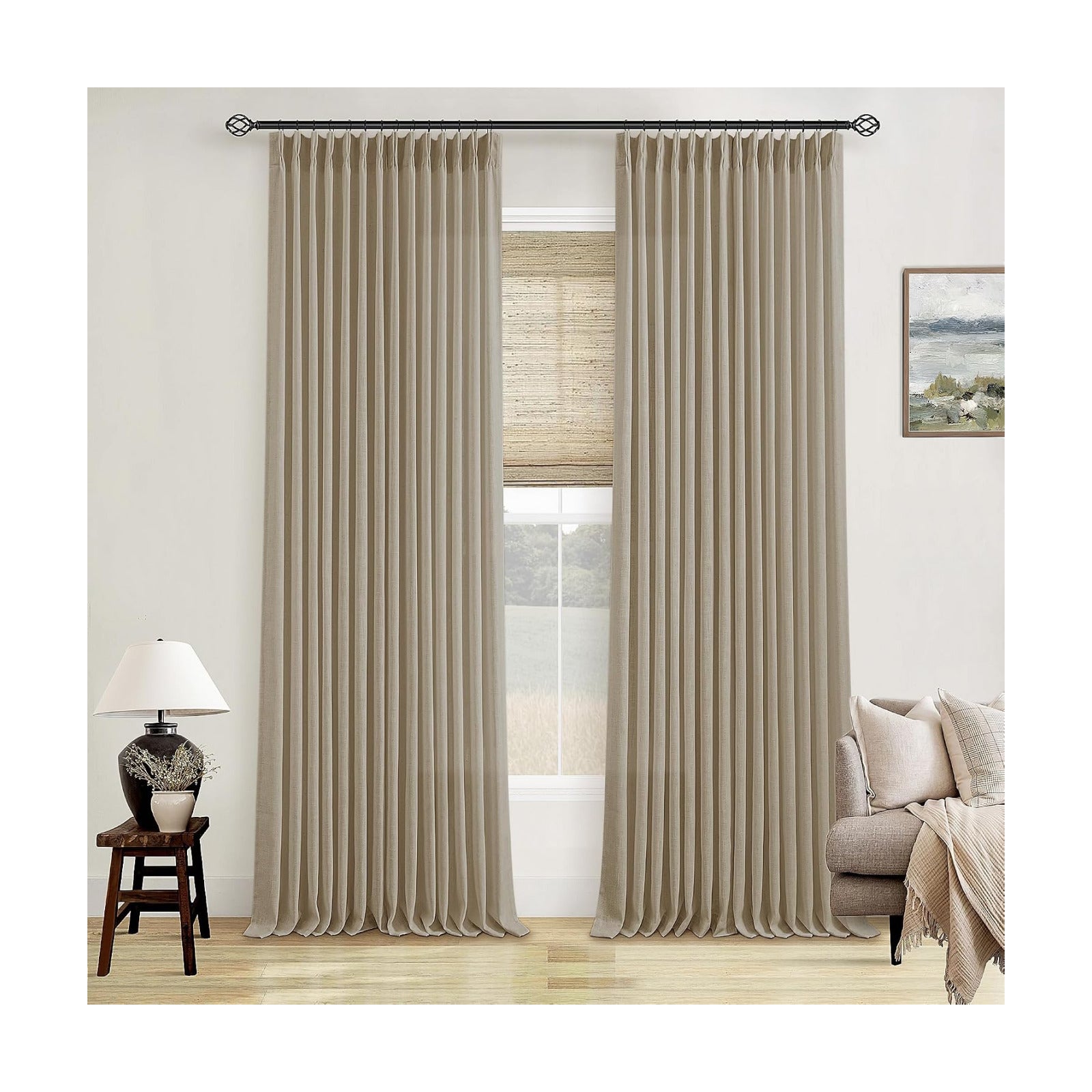 Neutral Pinch Pleated 96 Inch Greige Light Filtering Flax Linen Curtains