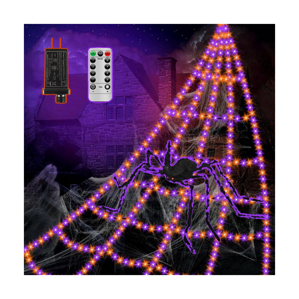 Spider Webs Halloween Decorations Lights - 550 LEDs Outdoor Giant Halloween Decor Lights with16.4ft,4ft Spider,8 Modes,Waterproof&Timer for Yard Porch Garden,Outside Party (with Spider)