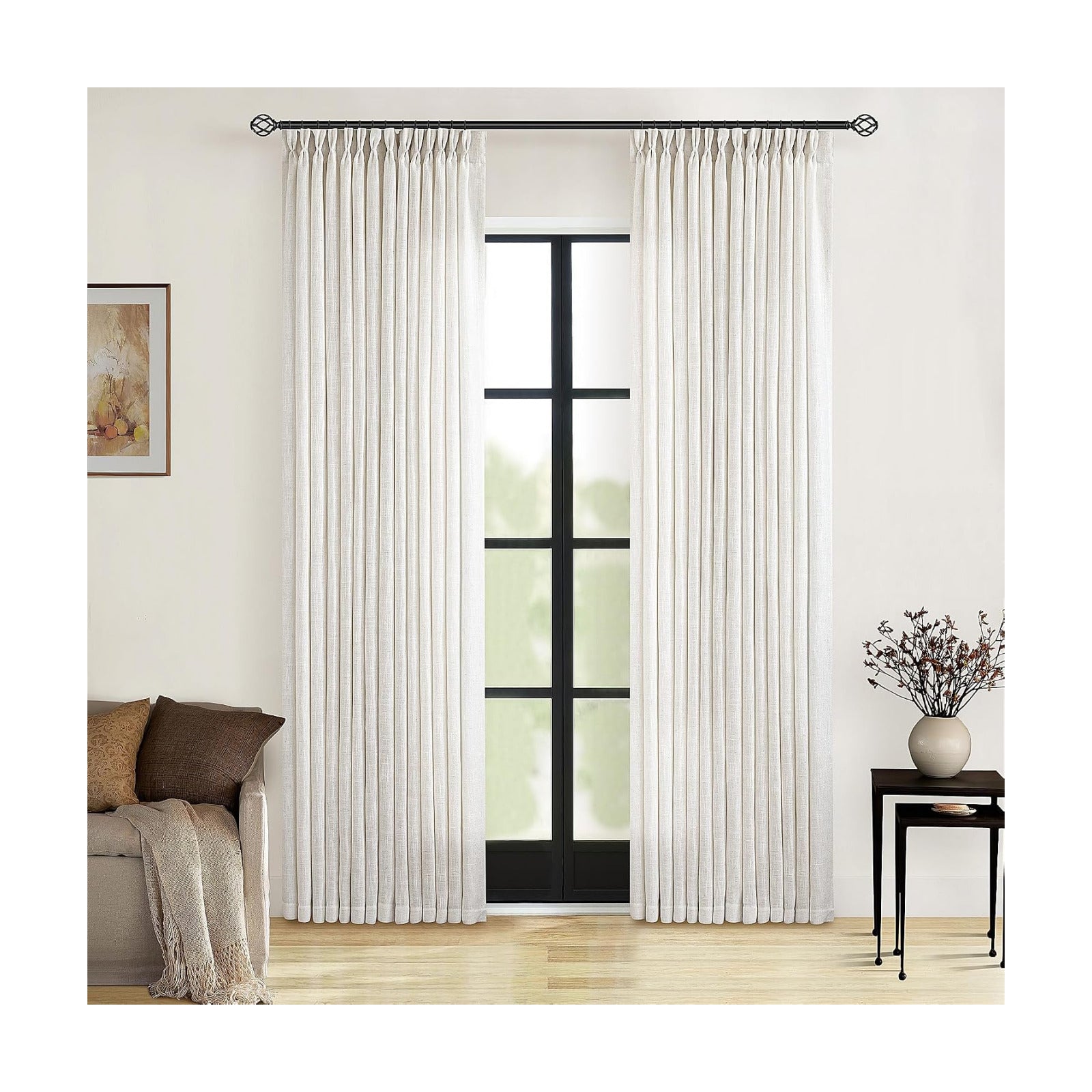 Neutral Pinch Pleated 86 Inch Curtains Semi Sheer Linen Blended, Natural