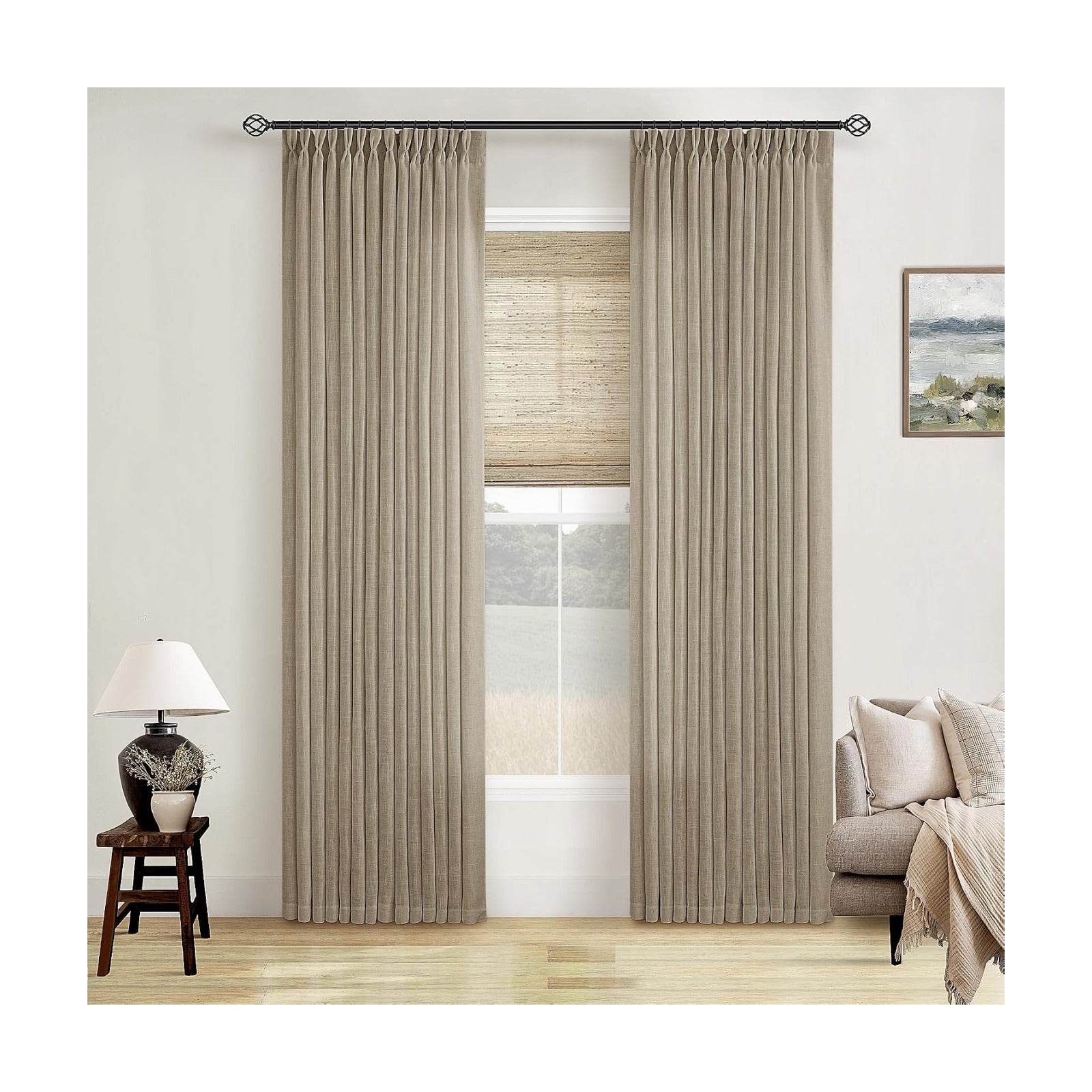 Greige 80 Inches Long Pinch Pleat Light Filtering Linen Window Curtains