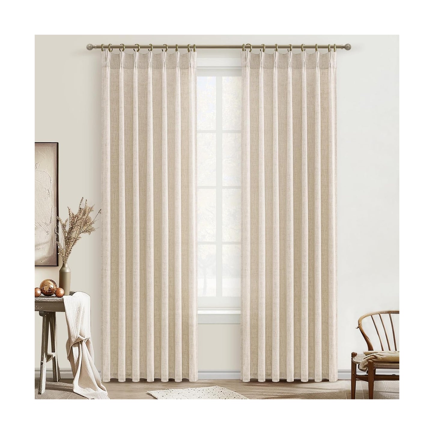 Pinch Pleat Semi Sheer Curtains 84 Inches Long for Bedroom,Elegant Natural Beige Faux Linen Light Filtering Heat