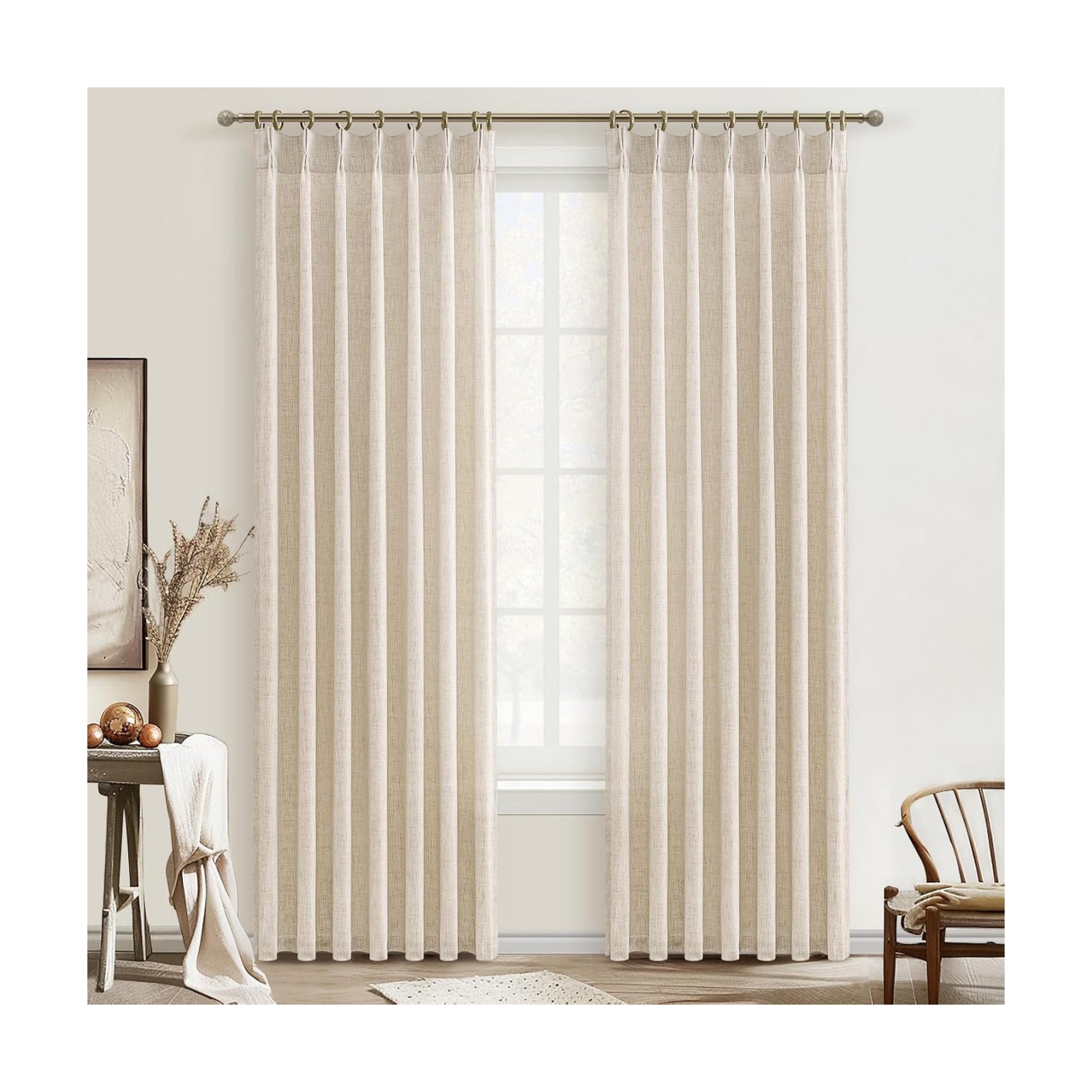 Pinch Pleat Semi Sheer Curtains 84 Inches Long for Bedroom,Elegant Natural Beige Faux Linen Light Filtering Heat