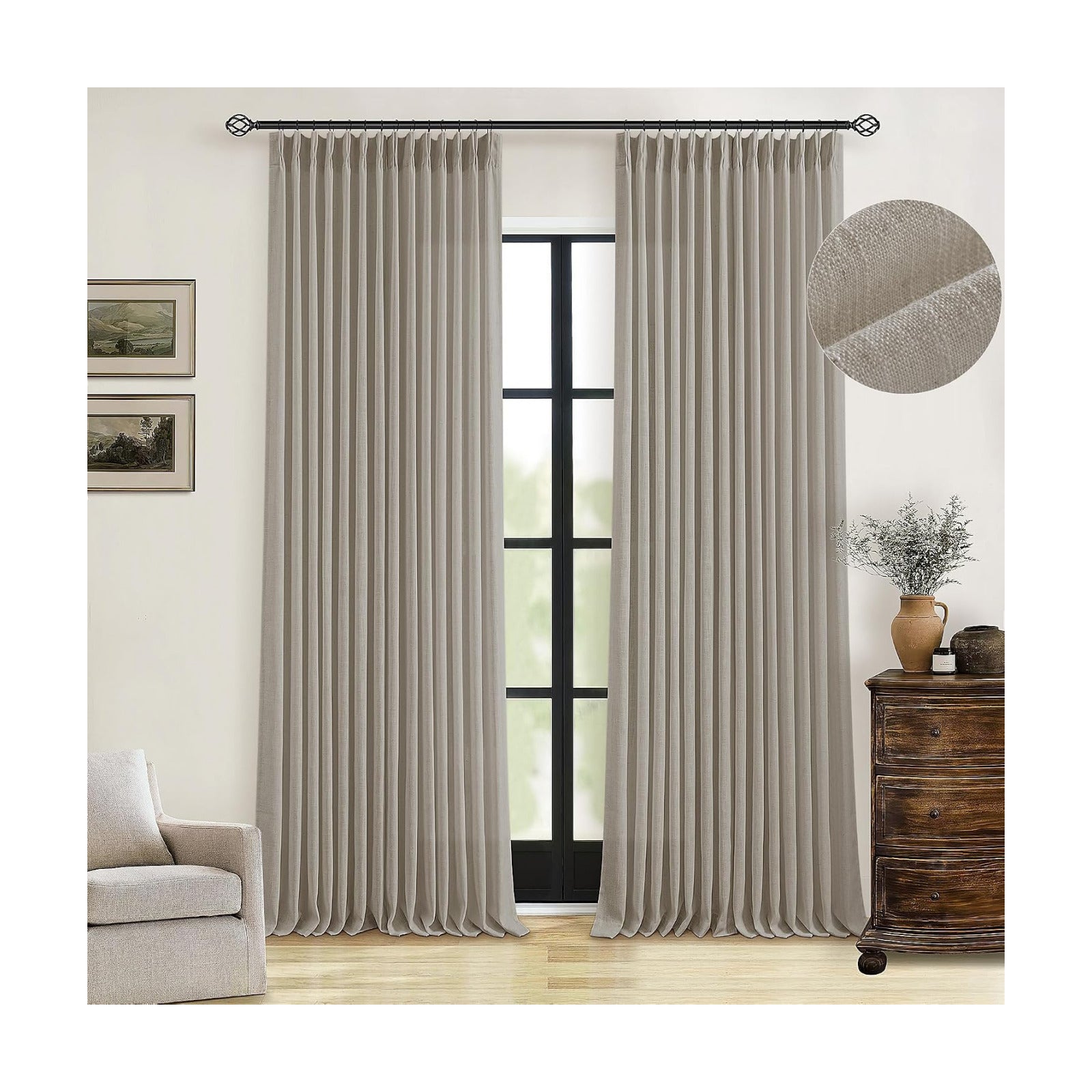 TWODRAPES Taupe Burlywood Pinch Pleated Linen Curtains 96 Inches Long