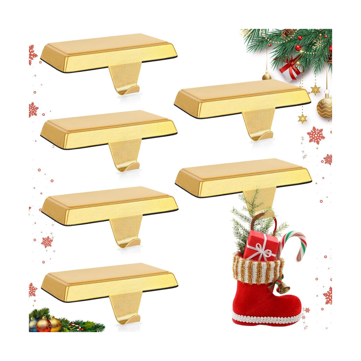 Homjoy 4 Pack Metal Christmas Stocking Holders for Mantle Heavy Duty Stocking Hangers Stocking Hook Christmas Ornaments for Counter Tables Window Fireplace Mantle Decoration (Gold)