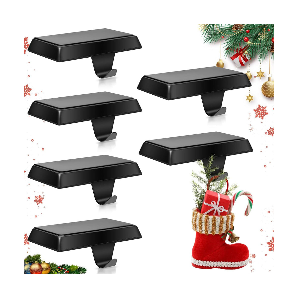 Homjoy 4 Pack Metal Christmas Stocking Holders for Mantle Heavy Duty Stocking Hangers Stocking Hook Christmas Ornaments for Counter Tables Window Fireplace Mantle Decoration (Black)