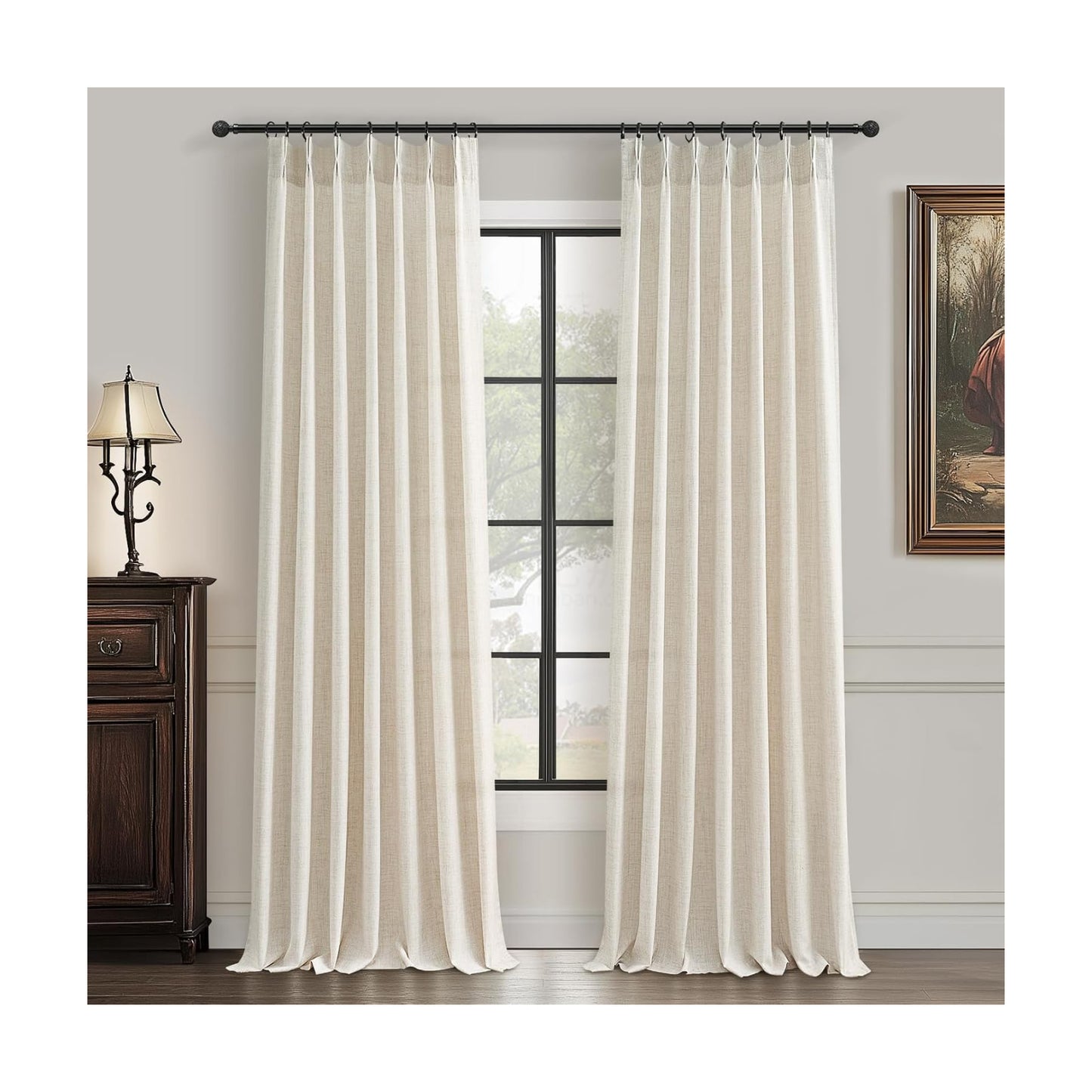 PleatedDrapes Extra Long 120 Inch Living Room Curtains, Ivory Beige Textured Flax Linen Back Tab Pleated Tall Sheer