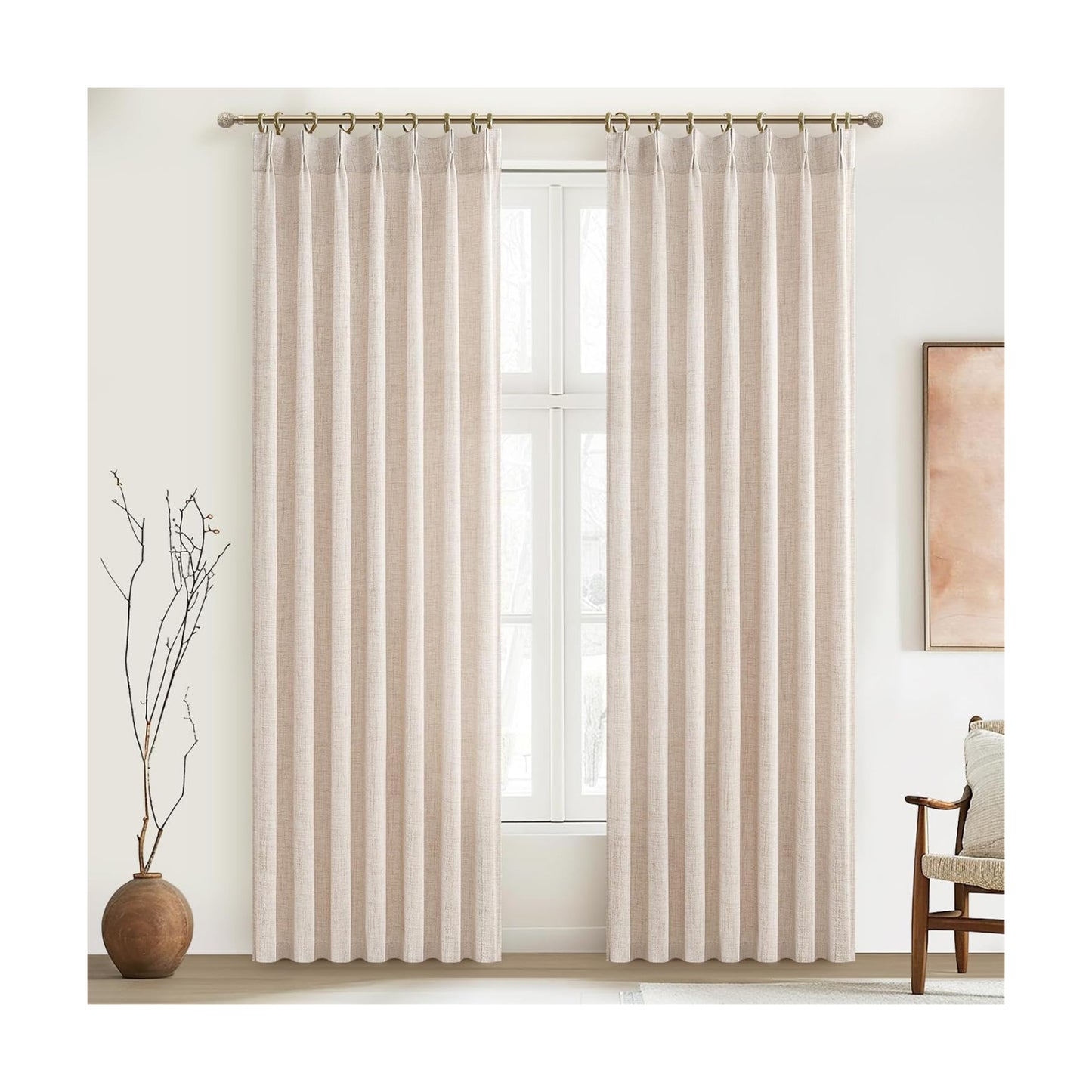 PleatedDrapes Textured Semi Sheer Burlap Curtains 84 Inches Long, Neutral Country Tan Beige Flax Linen Ceiling Track