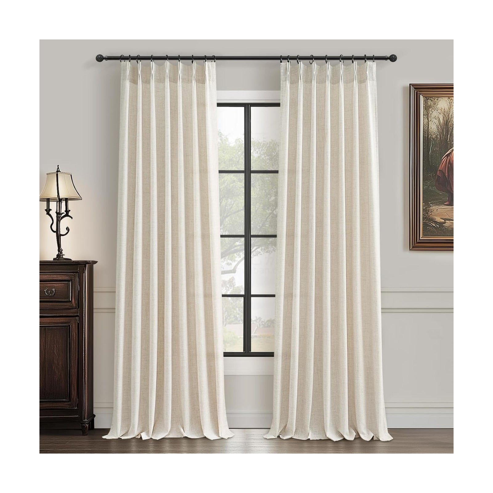 PleatedDrapes Semi Sheer Curtains 90 Inches Long for Bedroom Light Filtering Beige Birch Textured Linen Blend Pleat