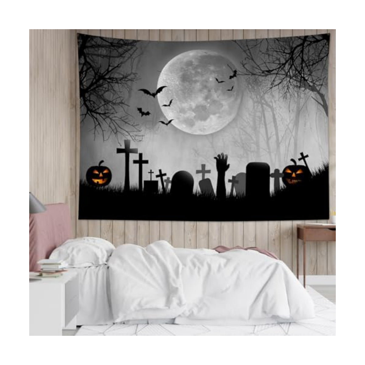 LB Halloween Full Moon Tapestry Horror Black Bat Pumpkin and Cemetery in Misty Forest Wall Tapestry for Bedroom Spooky Night Sky Wall Art for Living Room Decor, 59 x 51 Inches