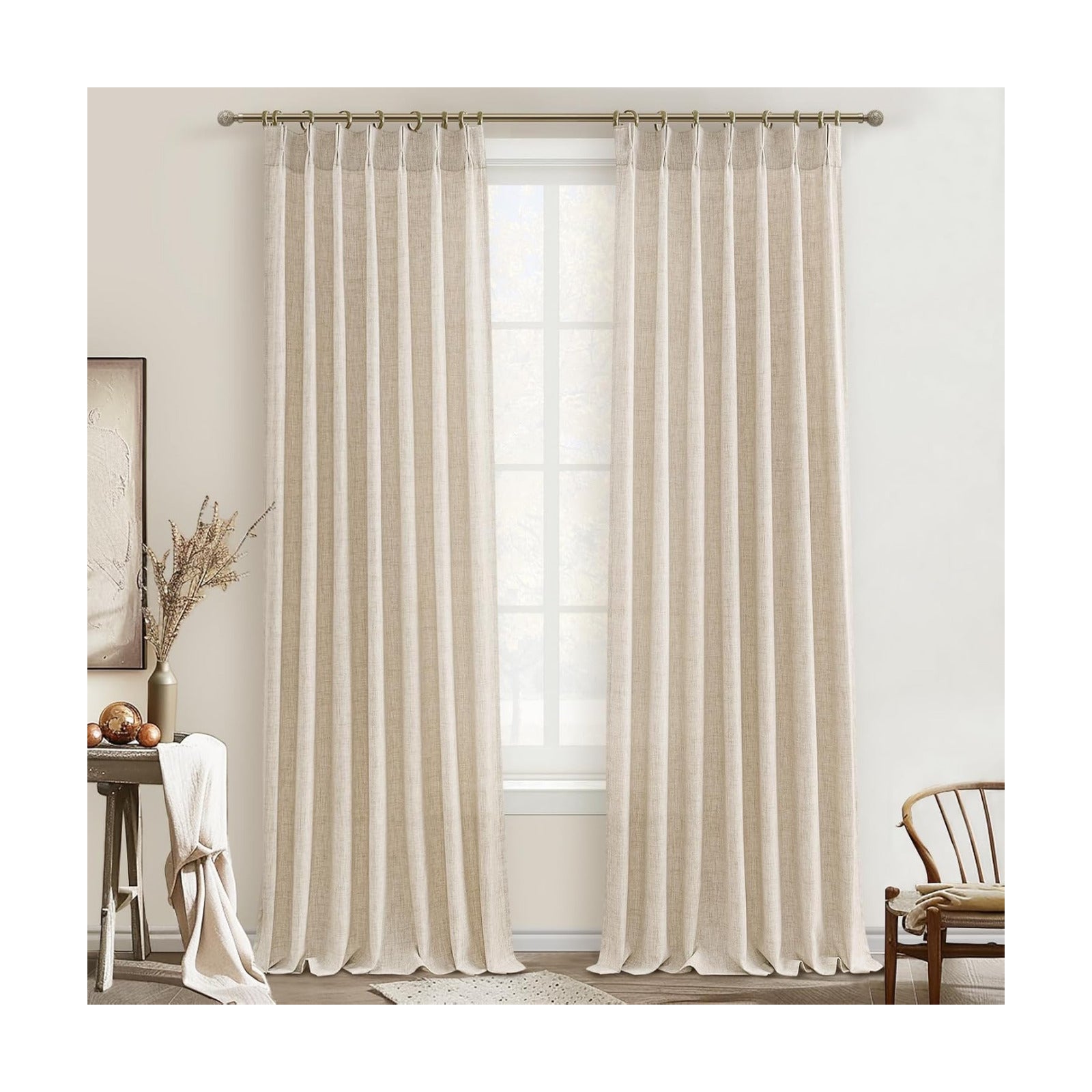 Living Room Semi Sheer Curtains 90 Inches Long 2 Panels Set, Natural Thick Linen Pinch Pleated Curtains Taupe Country