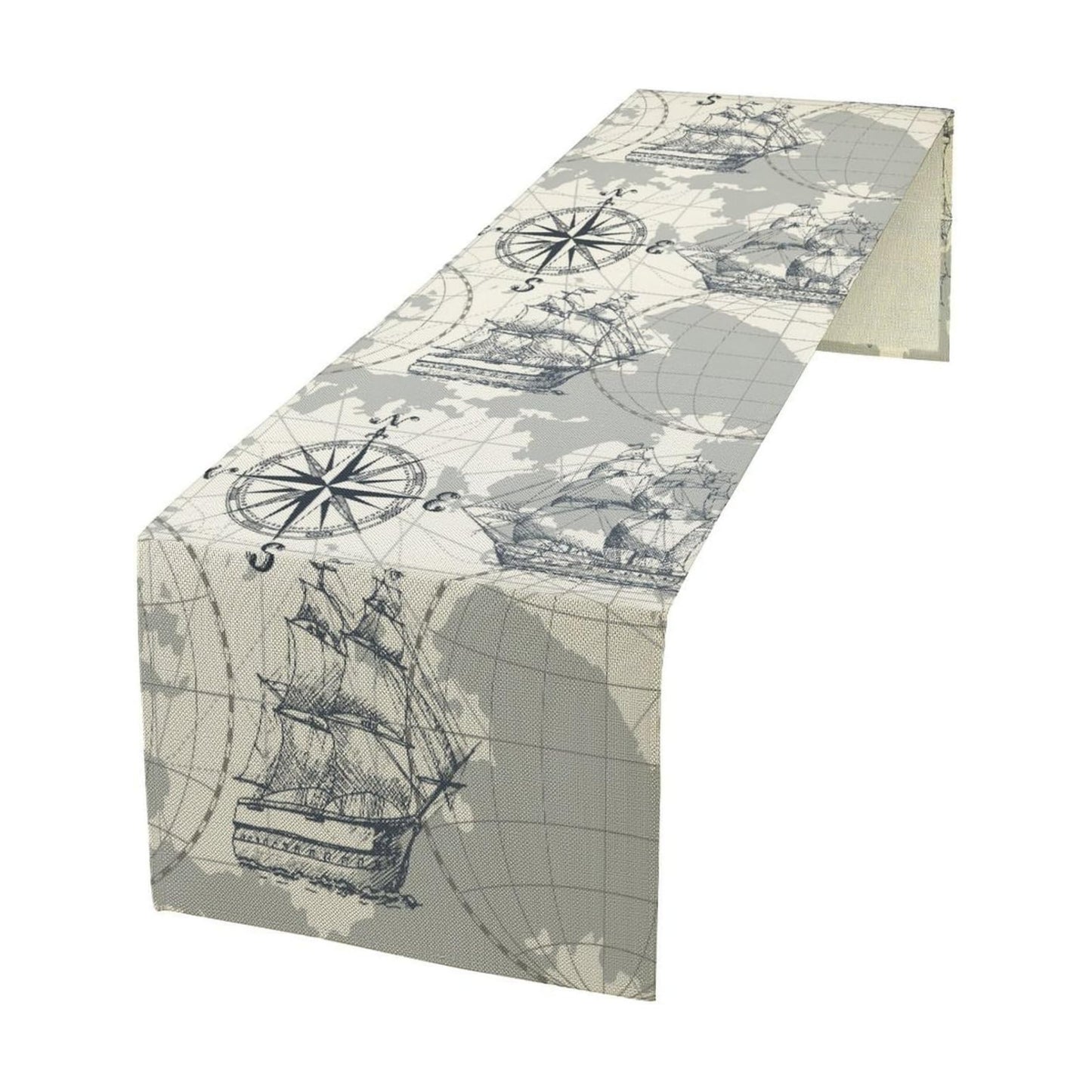 Nautical Sailboat Map Table Runner, Sketch Pirate Ship Wheel Compass Patterns Printed Linen Table Runner for Home