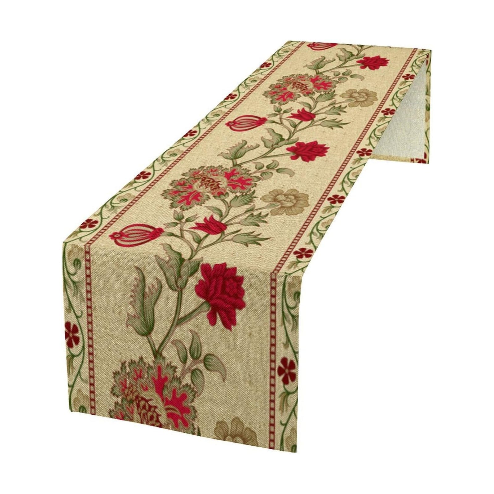 Rustic Floral Table Runner, Ethnic Style Leaf Flower Art Design Patterns Printed Linen Table Runner for Home Kitchen