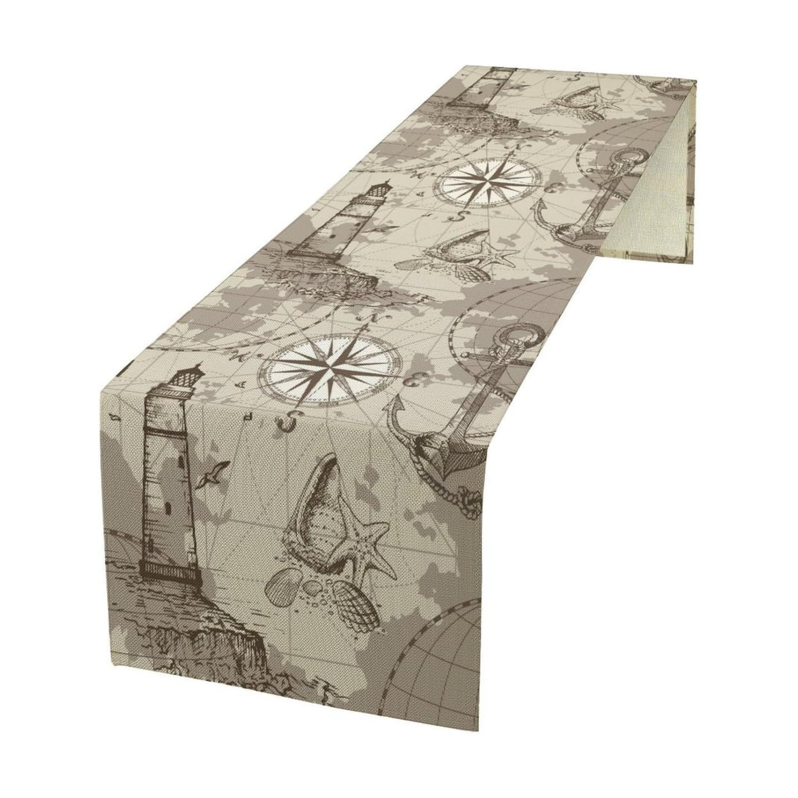 Nautical Sailboat Map Table Runner, Sketch Pirate Ship Wheel Compass Patterns Printed Linen Table Runner for Home