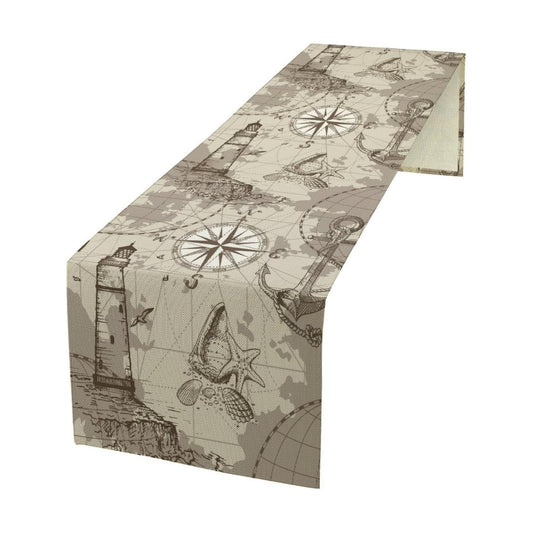 Nautical Sailboat Map Table Runner, Sketch Pirate Ship Wheel Compass Patterns Printed Linen Table Runner for Home