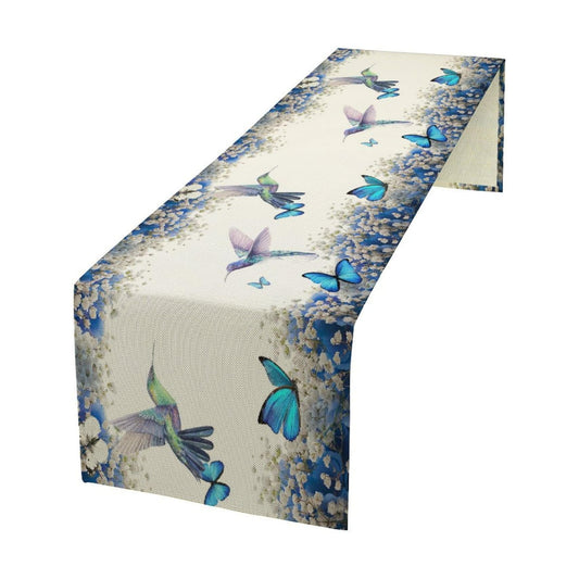 Hummingbird Flower Table Runner, Watercolor Spring Garden Theme Blue Flowers Butterfly Hummingbird Patterns Printed