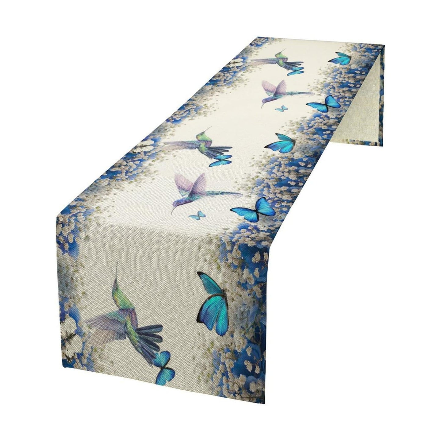 Hummingbird Flower Table Runner, Watercolor Spring Garden Theme Blue Flowers Butterfly Hummingbird Patterns Printed